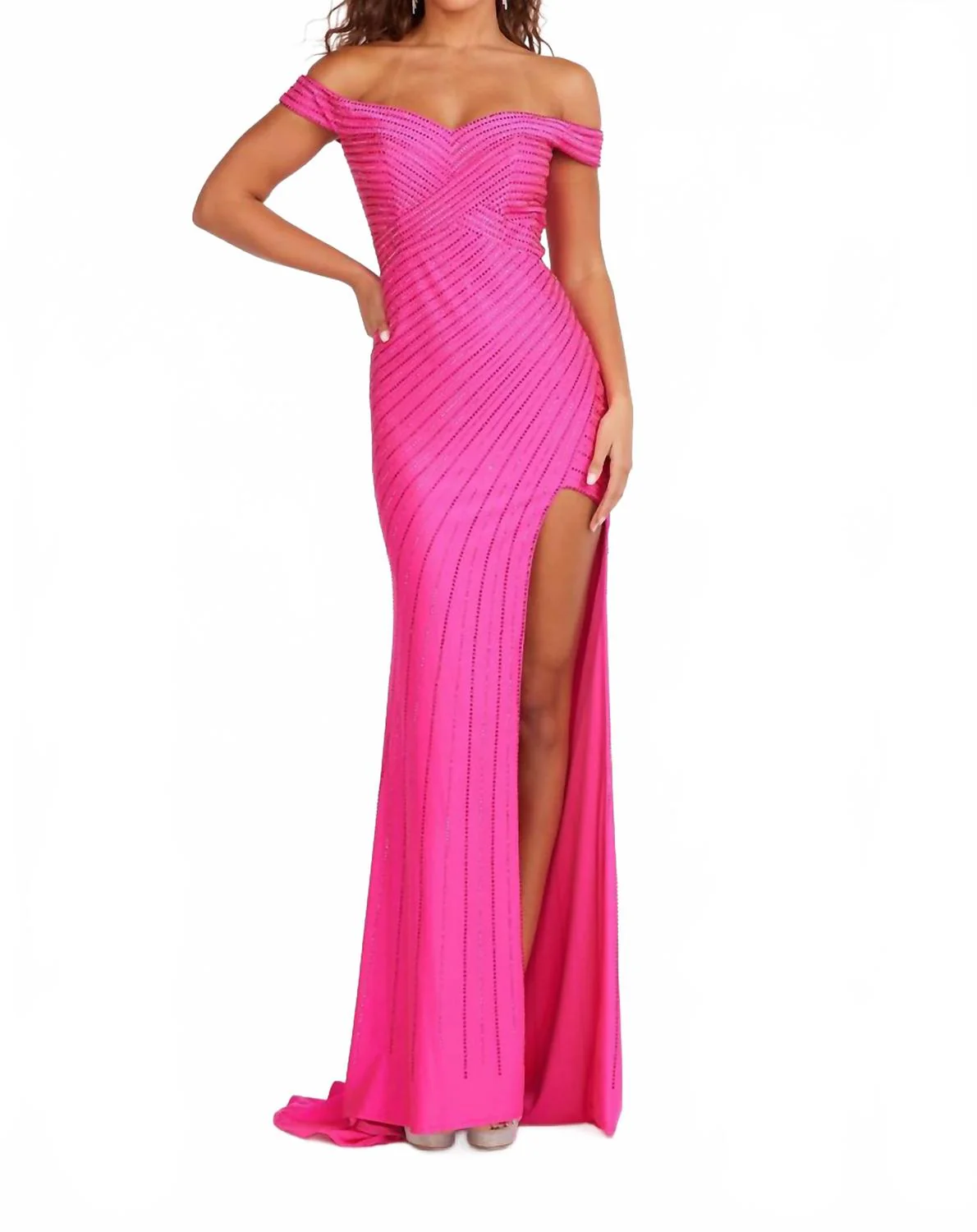Beaded Off Shoulder Slit Gown In Fuchsia