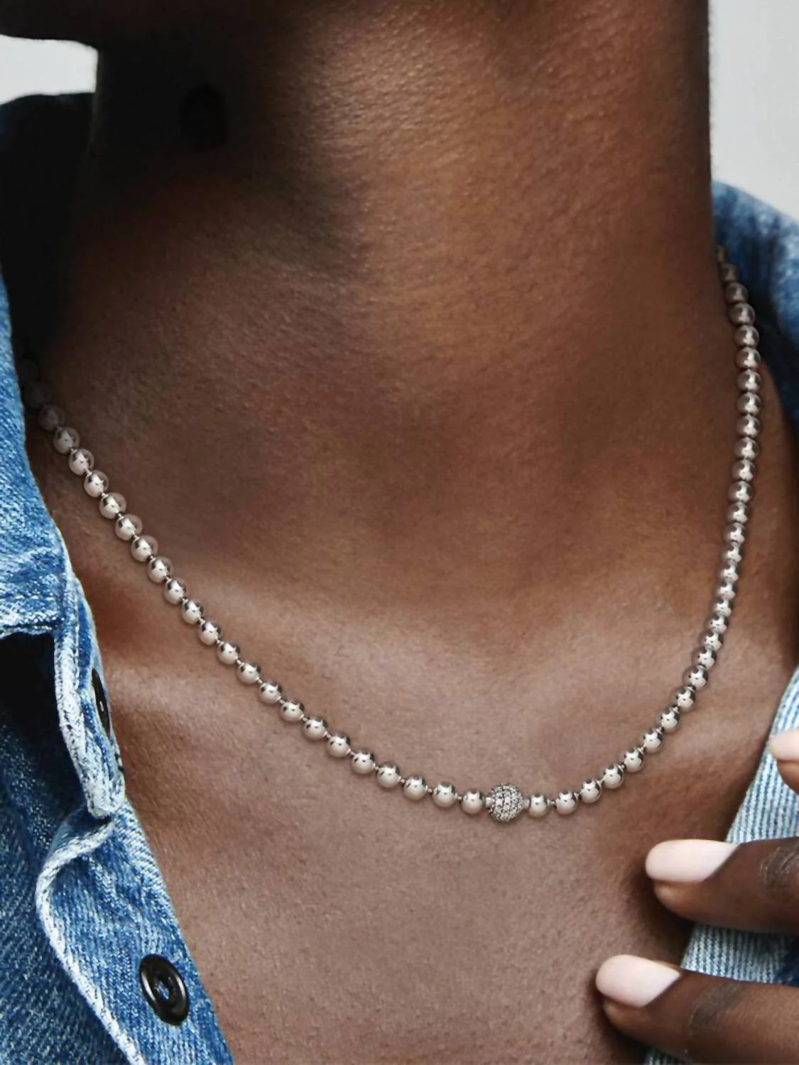 Beads & Pave Necklace In Silver - Image 2