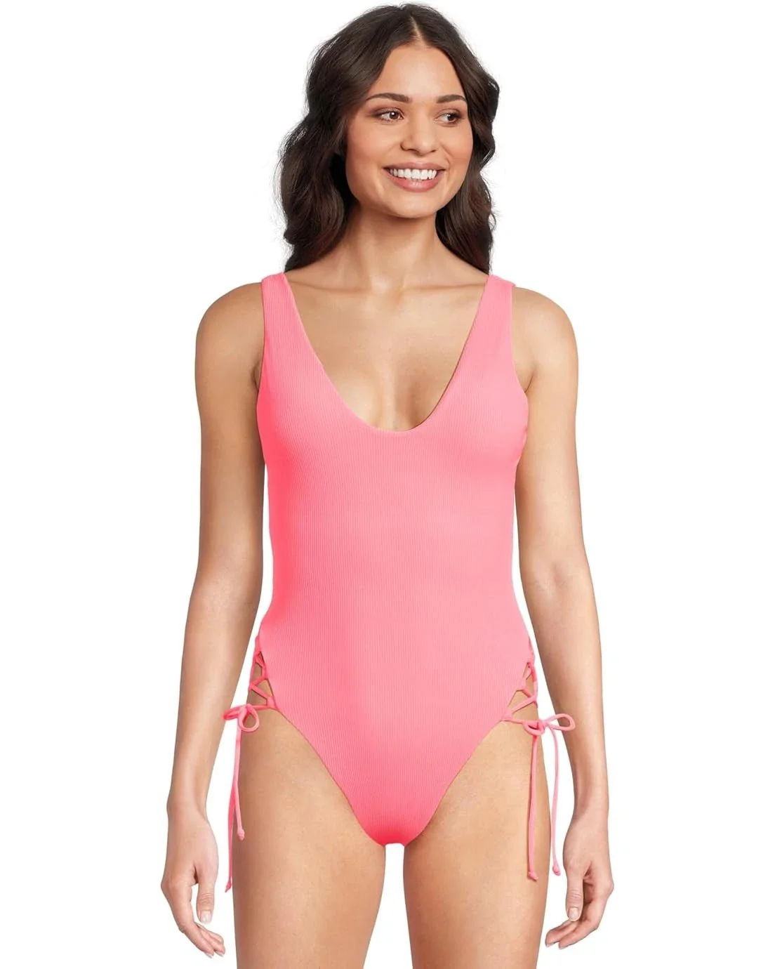 BECCA Modern Edge Rib Sophie Swimsuit Women's Coral Reef Tie Side DDR2807