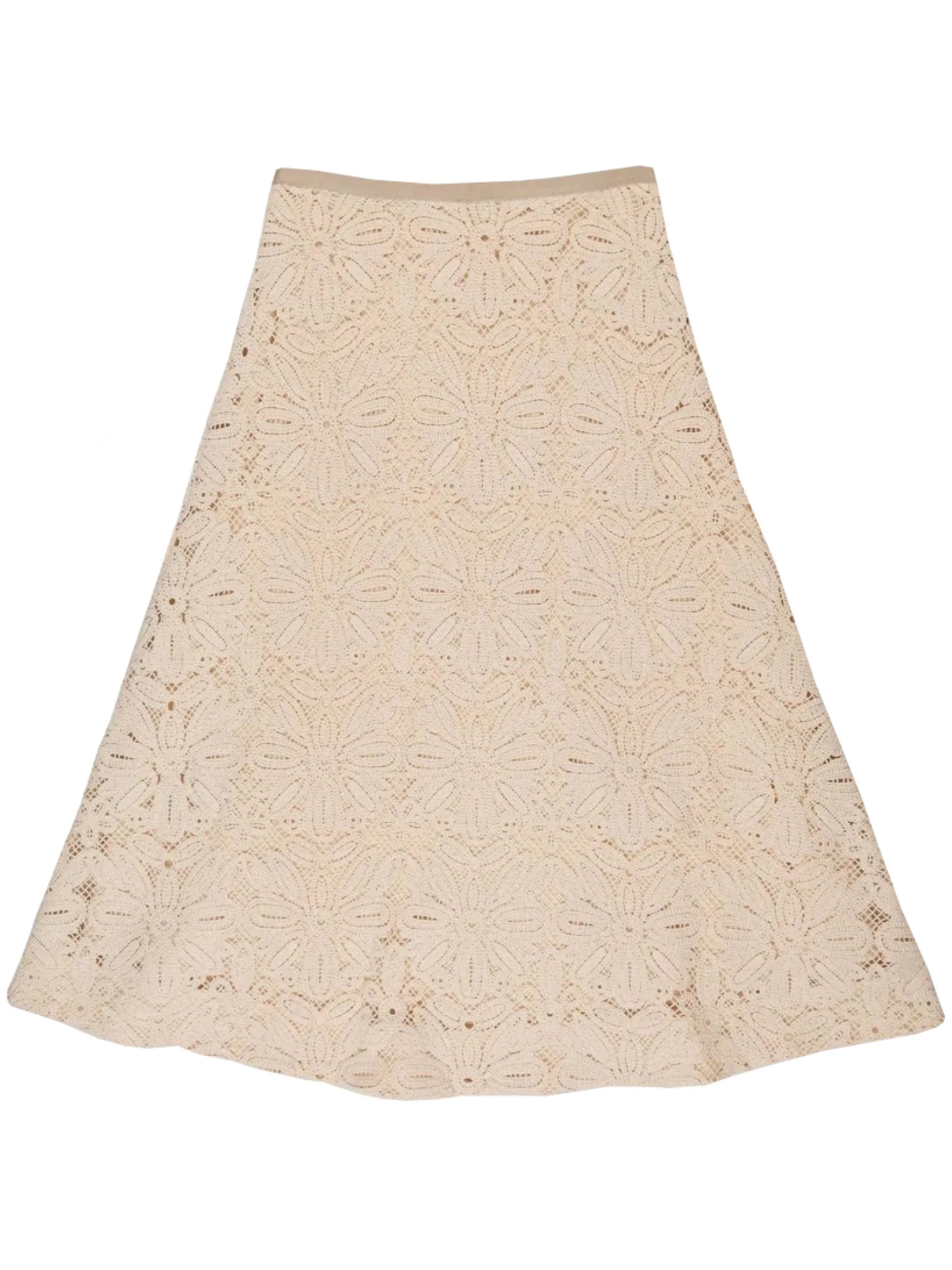 Beige Floral Lace Midi Skirt