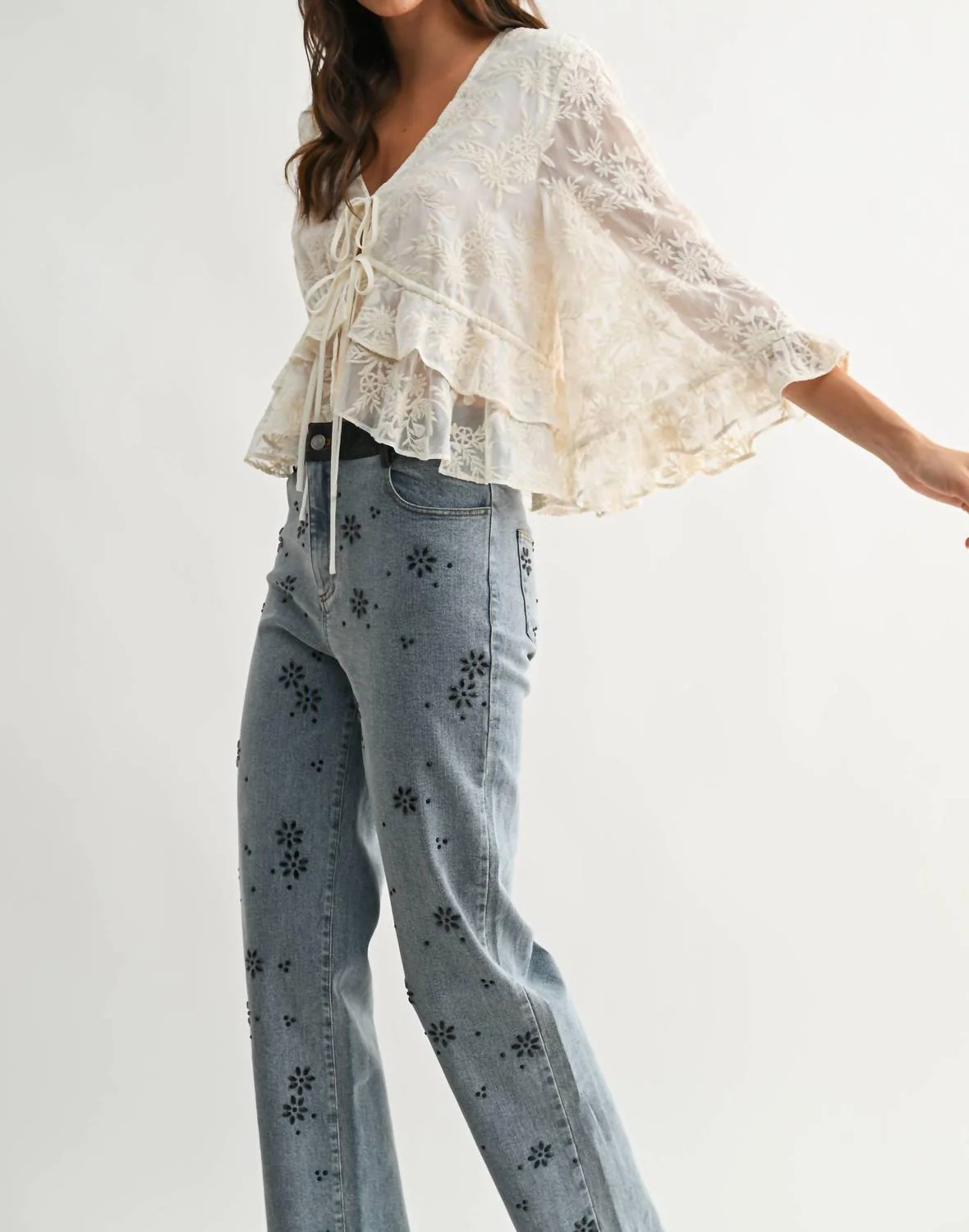 Belle Embroidered Sheer Blouse In Cream - Image 3