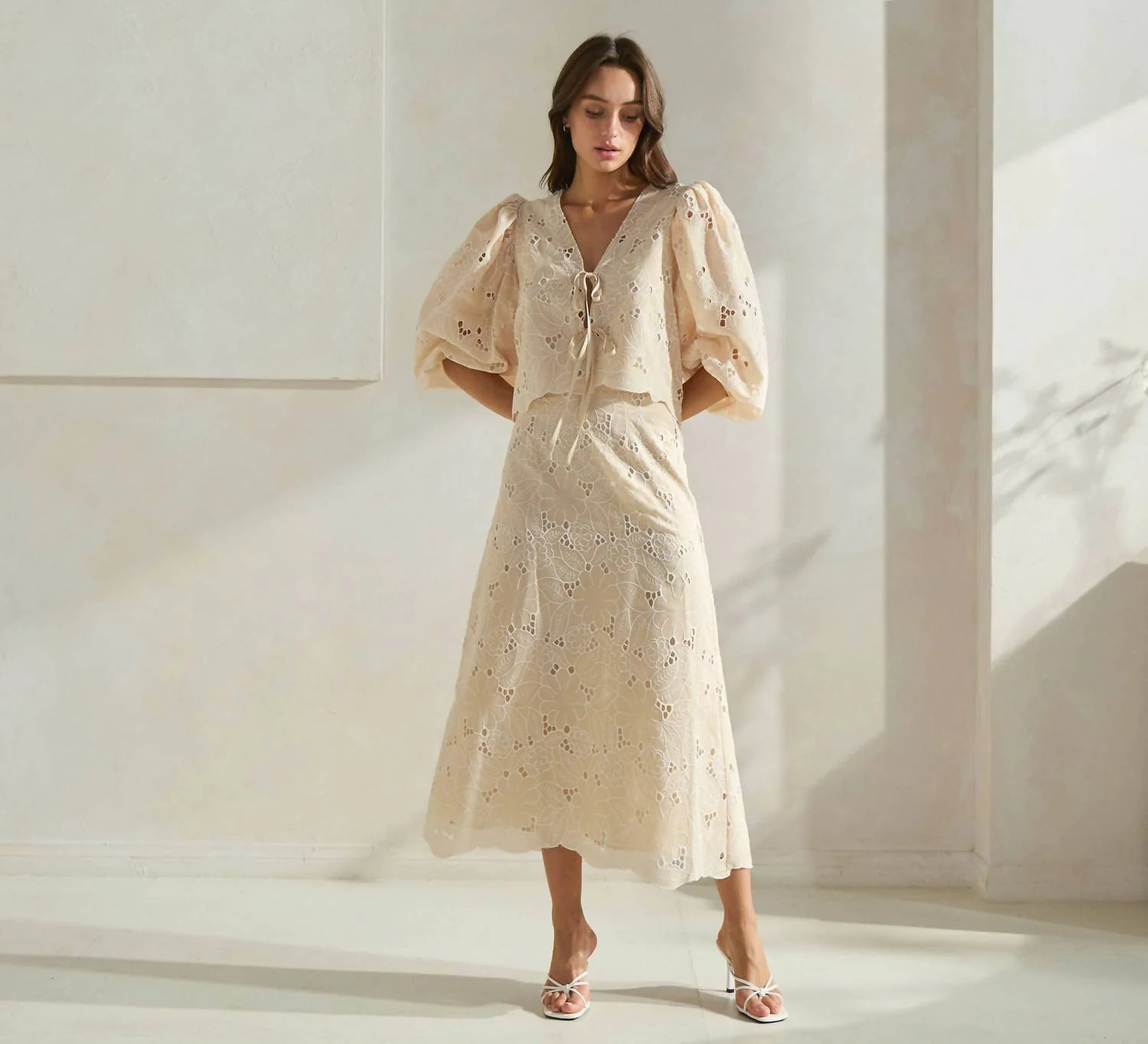 Bellissima Eyelet Midi Skirt In Butter Cream