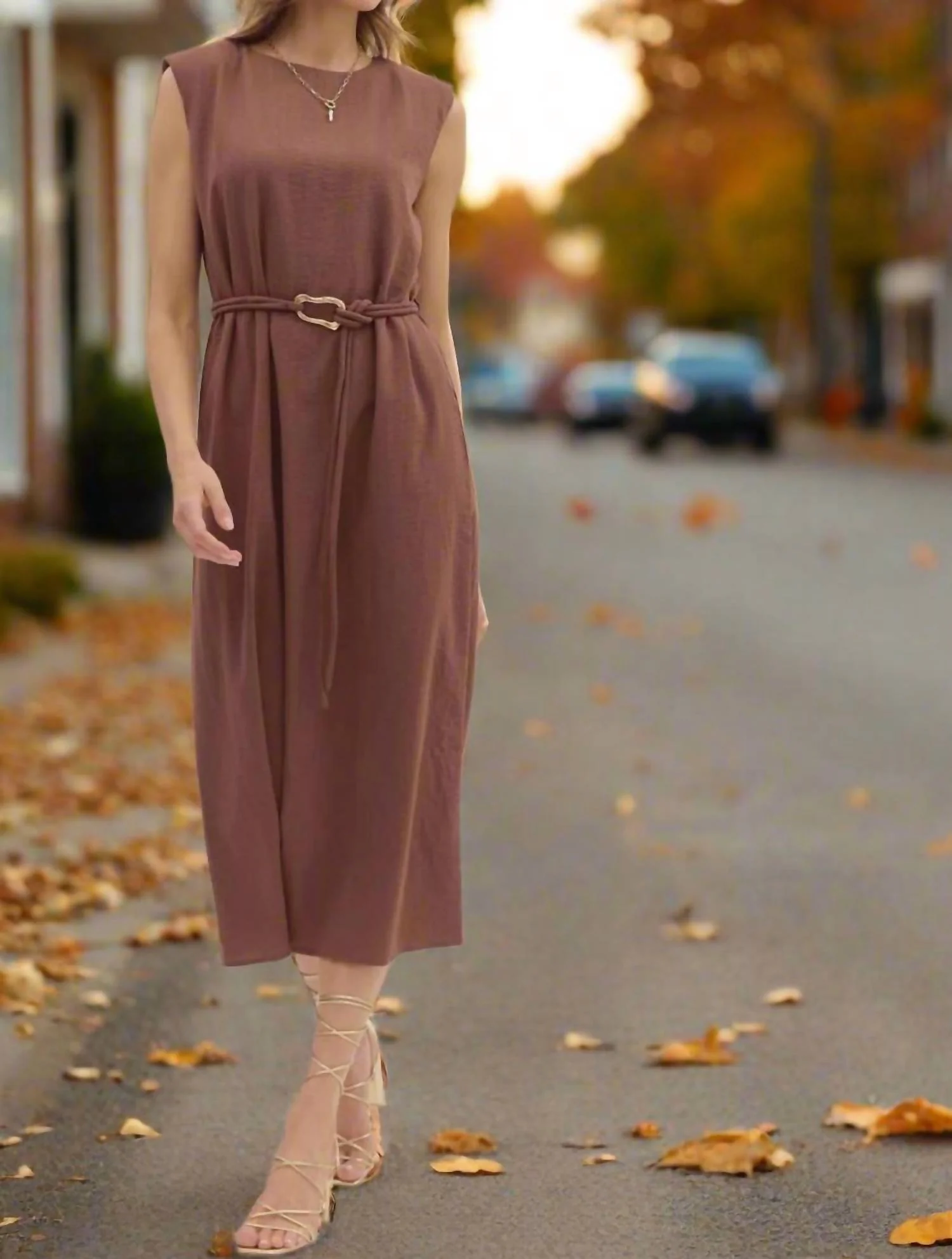 Belted Midi Dress With Accent Fastener In Espresso - Image 2