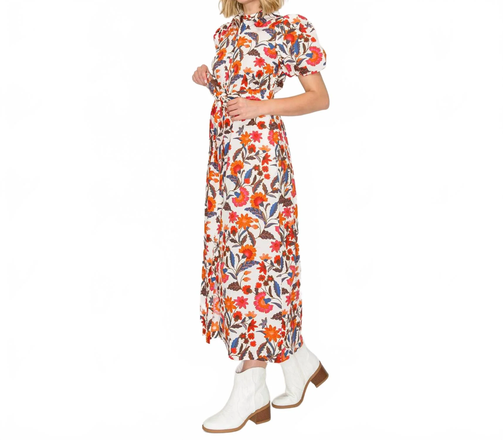 Belted Midi Shirt Dress In Jacobean Print - Image 3