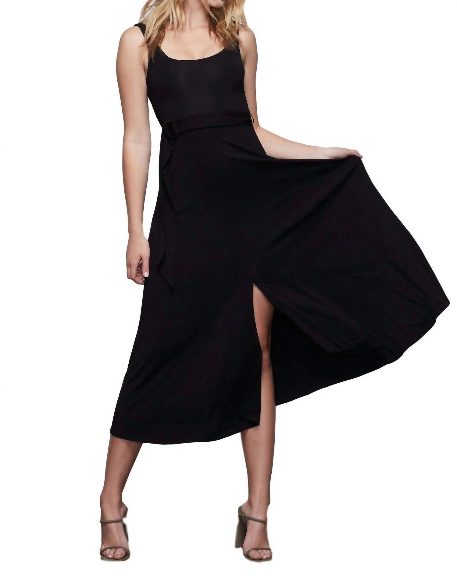 Belted Open Front Swing Tank Dress In Black