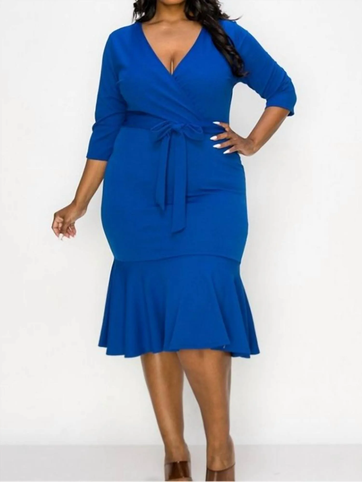 Belted Ruffle Bottom Dress In Royal Blue