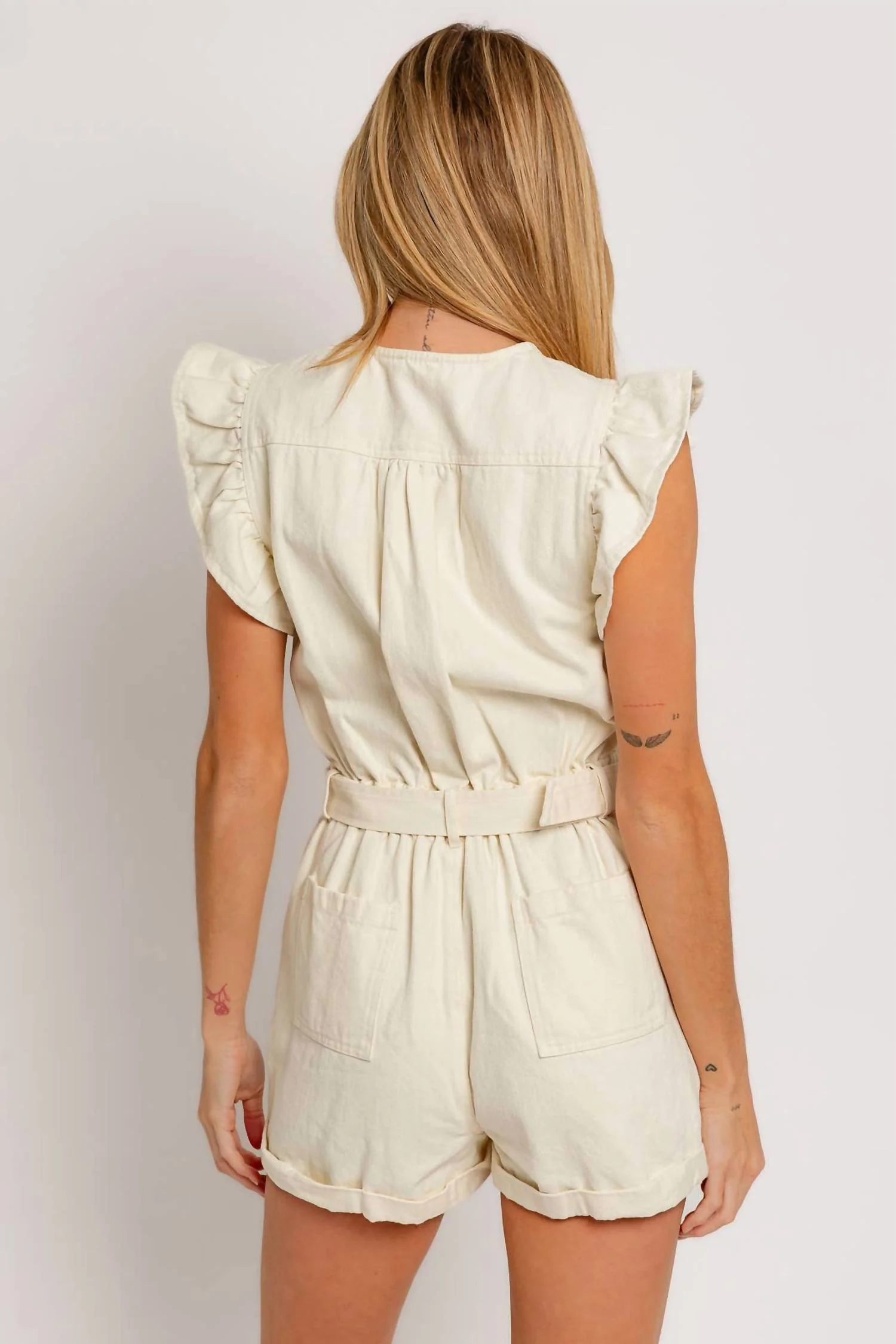 Belted Ruffle Sleeve Romper In Beige - Image 4