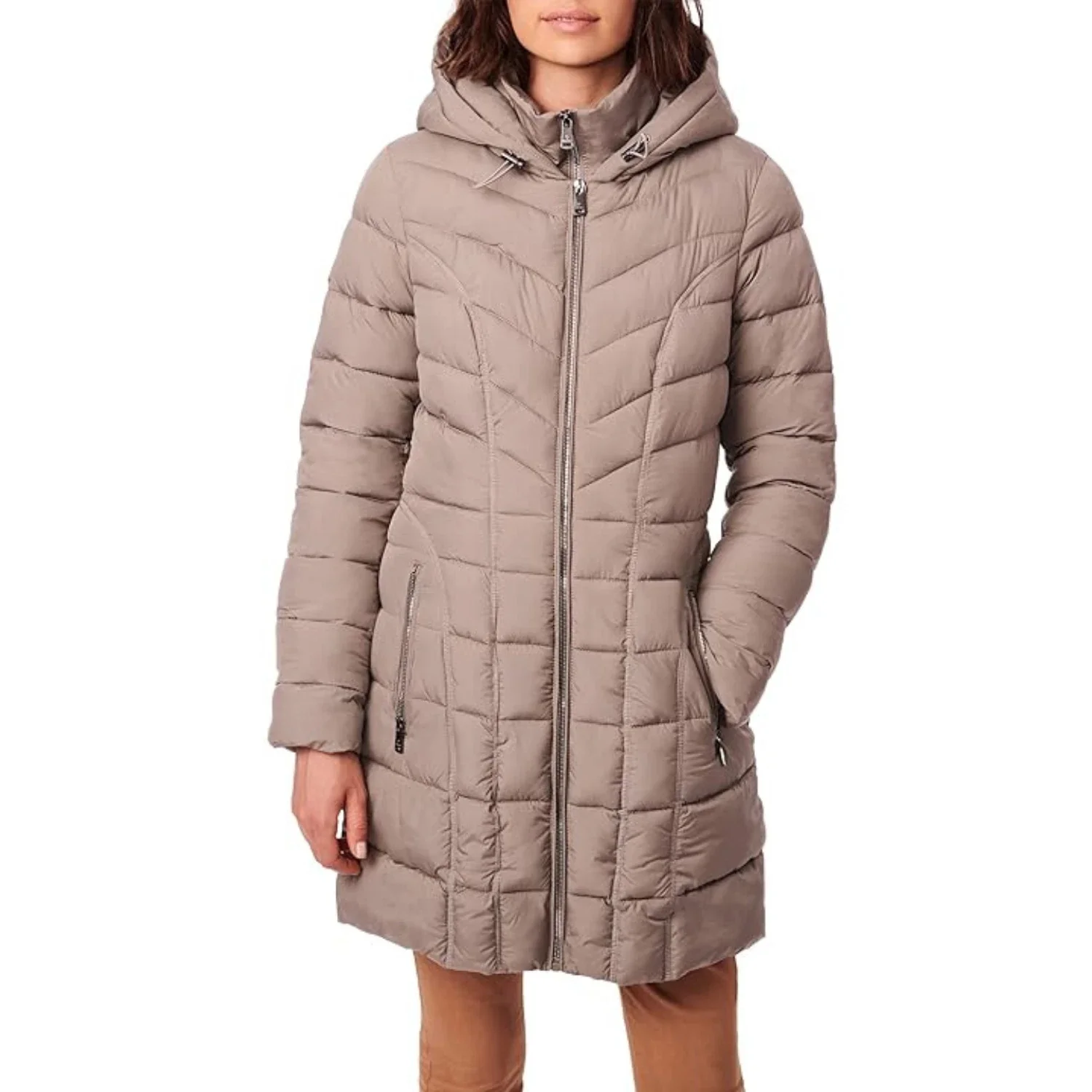 Bernardo Puffer Jacket Womens Brown Quilted Insulated Hooded Full Zip FROG 8 - Image 5