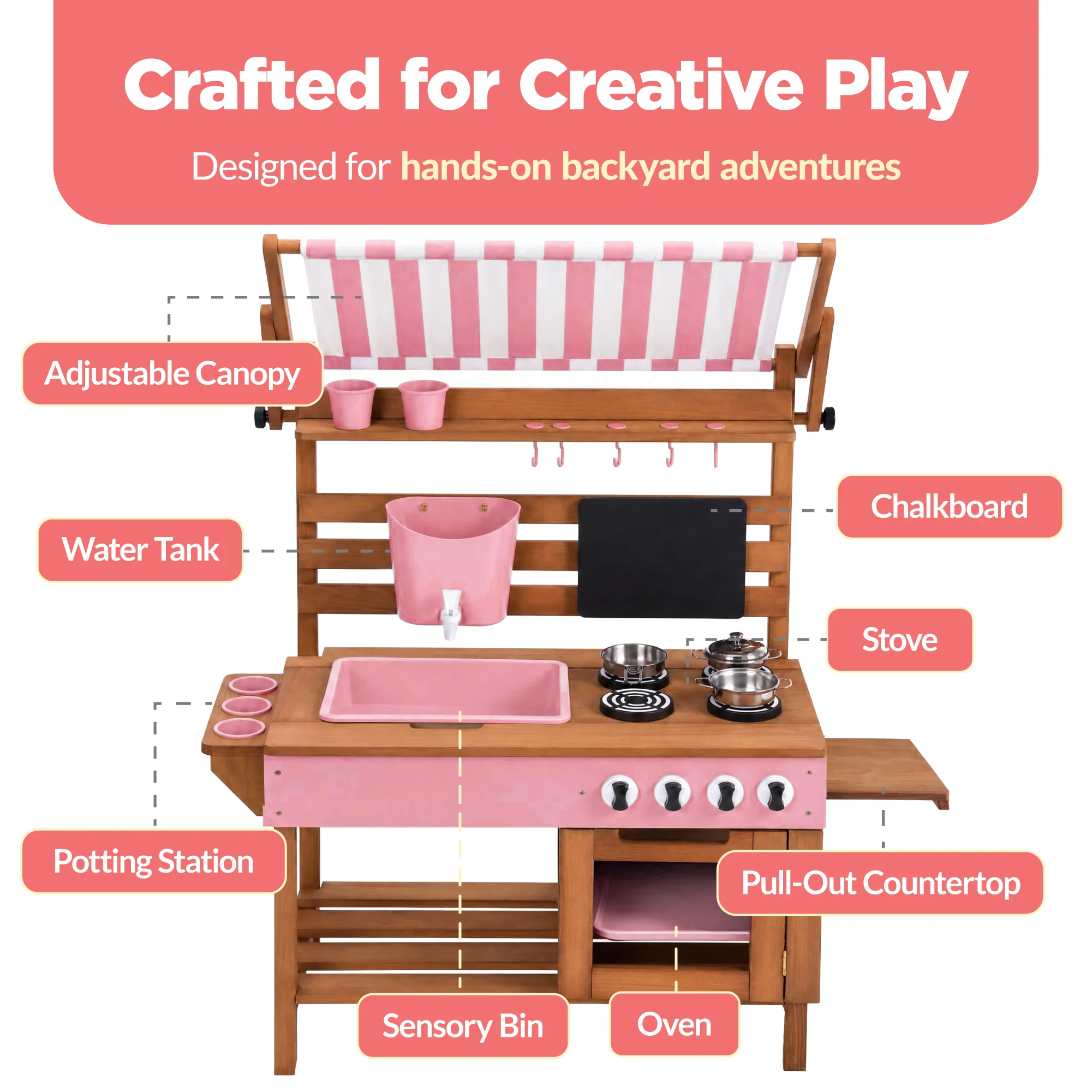 Best Choice Products Deluxe Wooden Outdoor Mud Kitchen for Kids w/ Canopy, Water Tank, Faucet & 11pc Accessories - Image 5