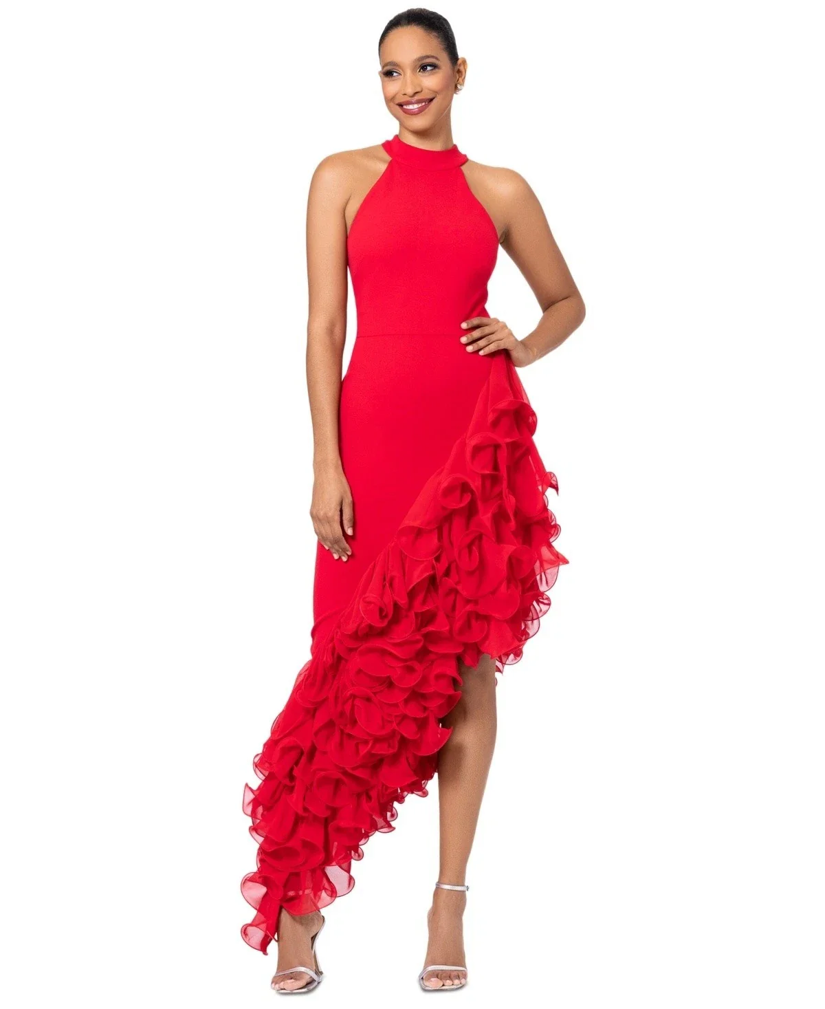 Betsy & Adam Dress Women's Red Ponte Ruffle Mock Neck Asymmetrical Hem FROG366 - Image 2