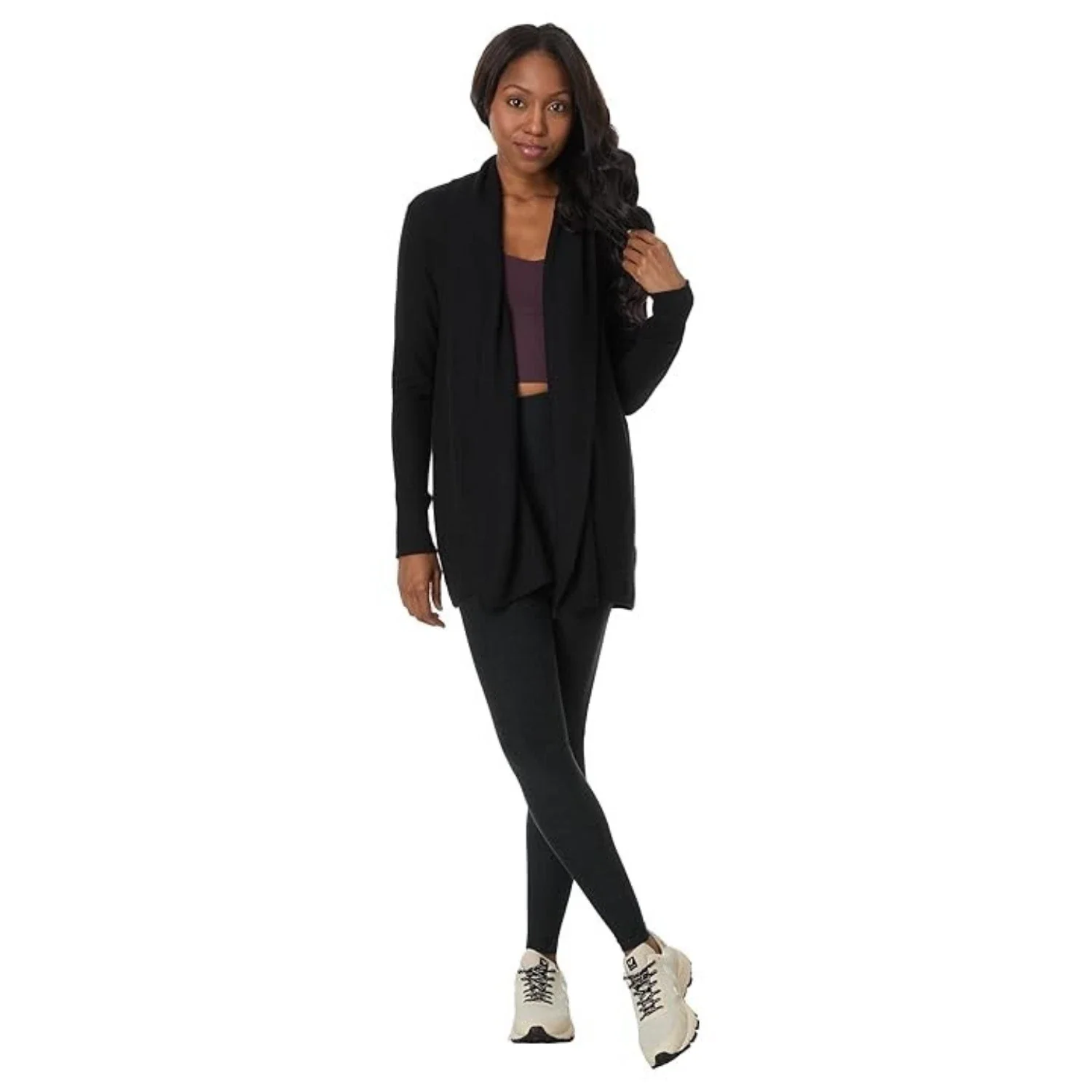 Beyond Yoga Relax Rib Cardigan Women Black Stretch Open Front Sweater GBO1923 - Image 3