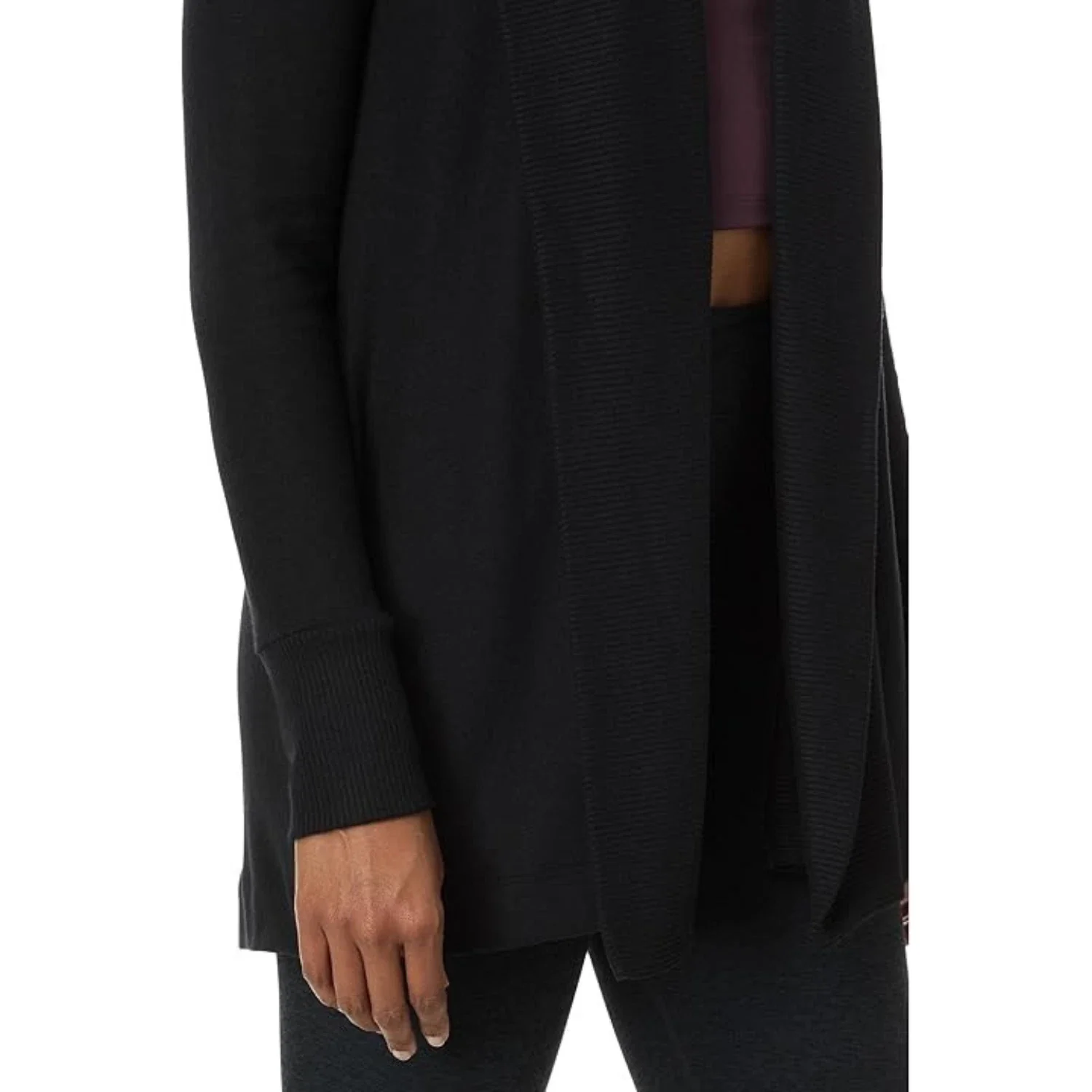 Beyond Yoga Relax Rib Cardigan Women Black Stretch Open Front Sweater GBO1923 - Image 4