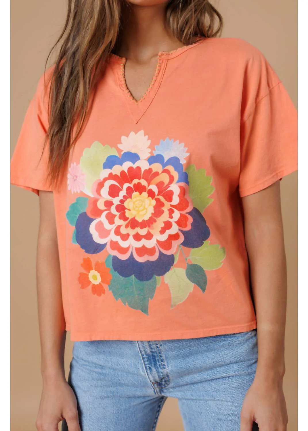 Big Bloom Split Neck Tee In Orange - Image 3