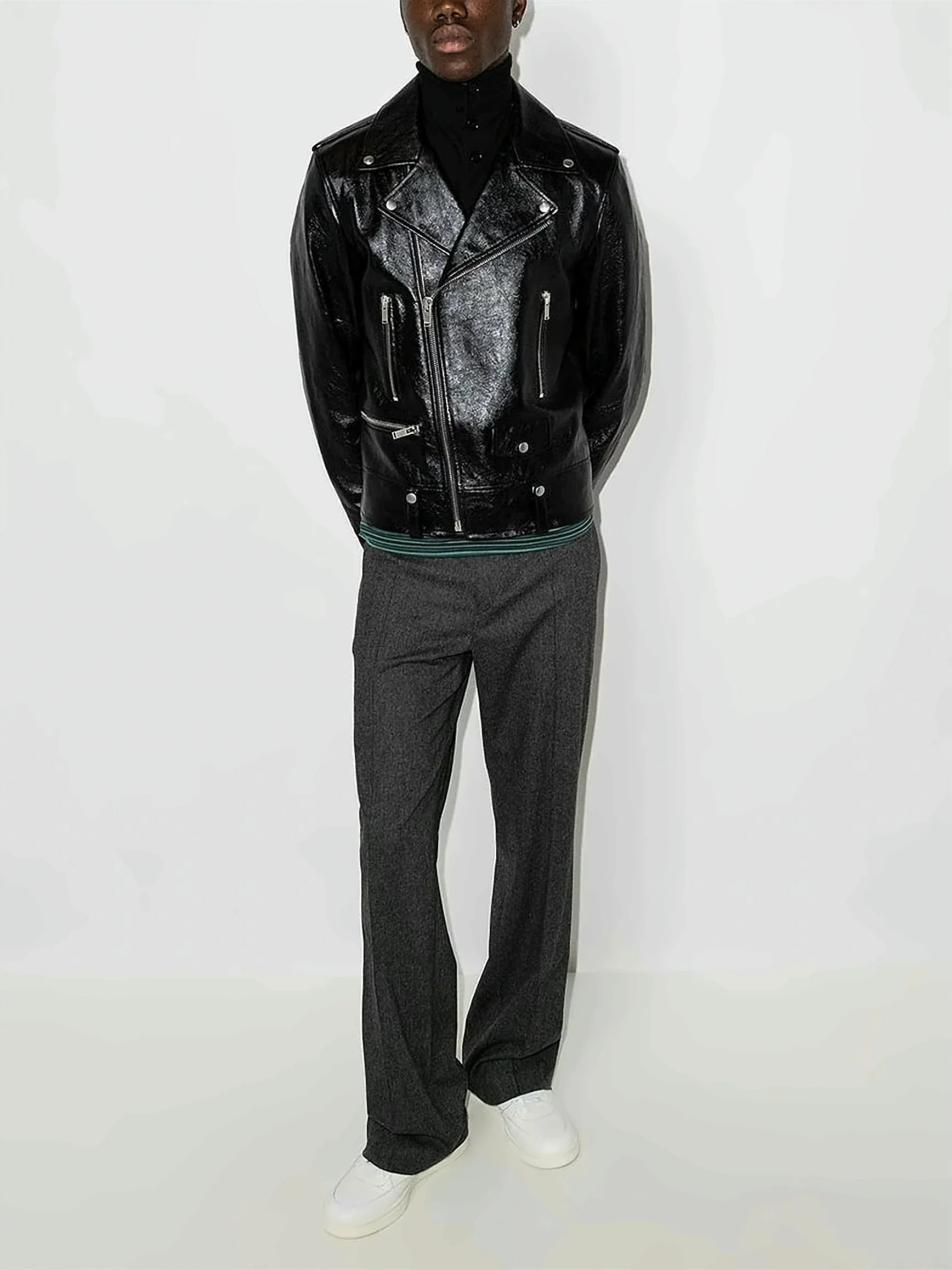 Black Asymmetrical Zipper Leather Jacket - Image 3