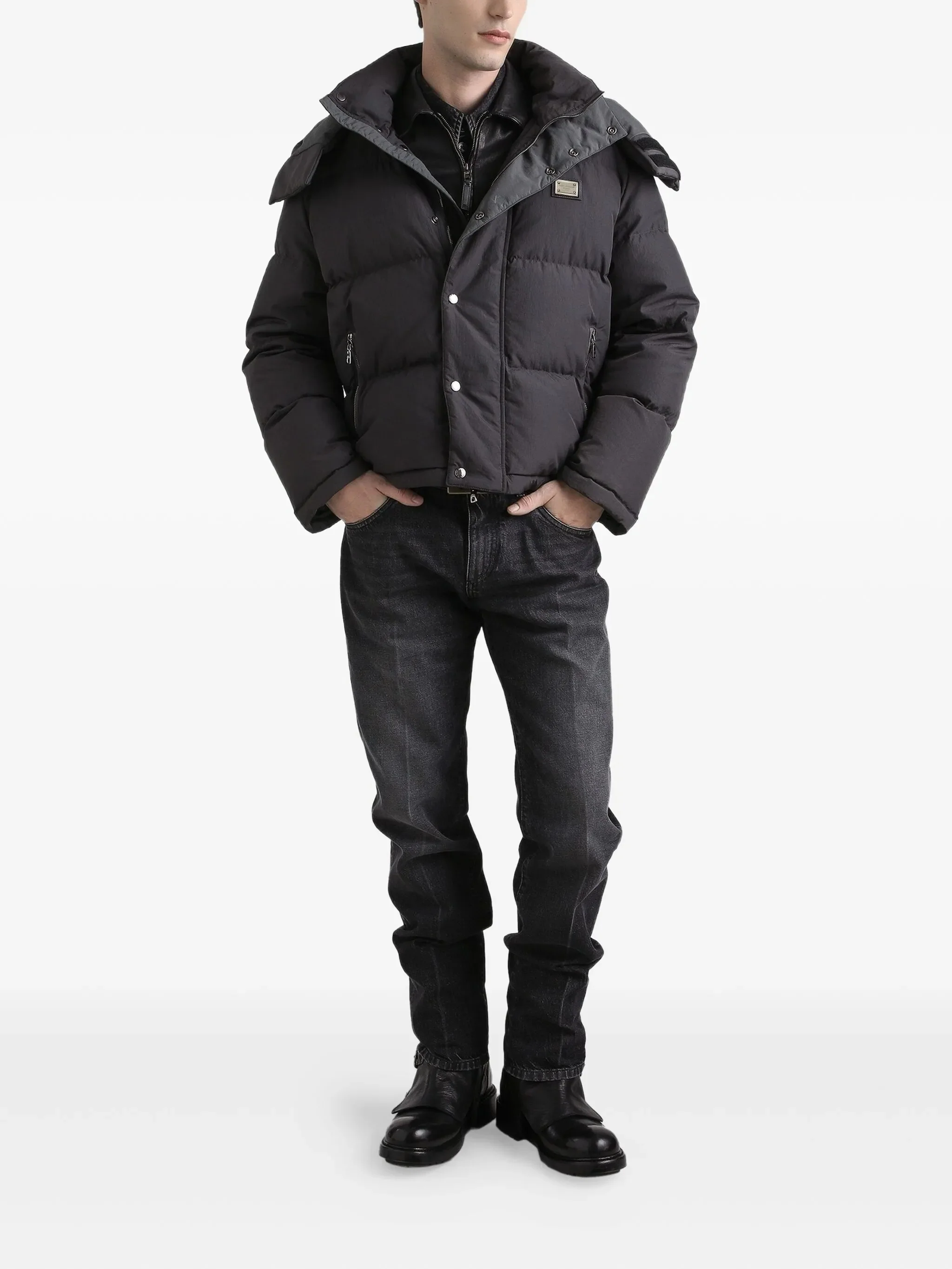 Black Boxy Cropped Padded Hooded Jacket - Image 2