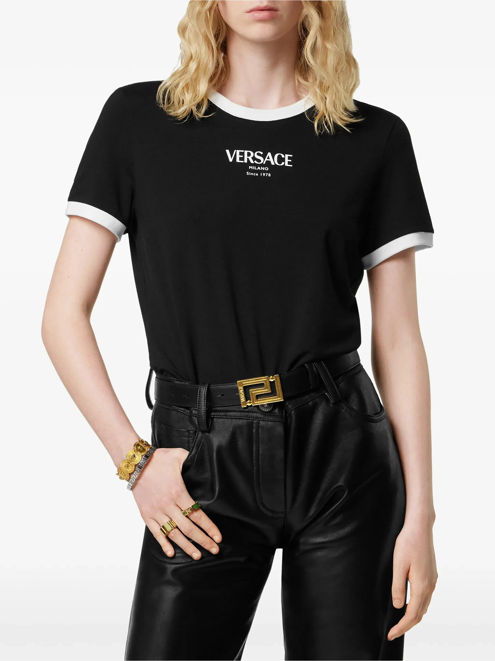 Black Cropped Viscose Contrast Trim T-shirt - Image 2