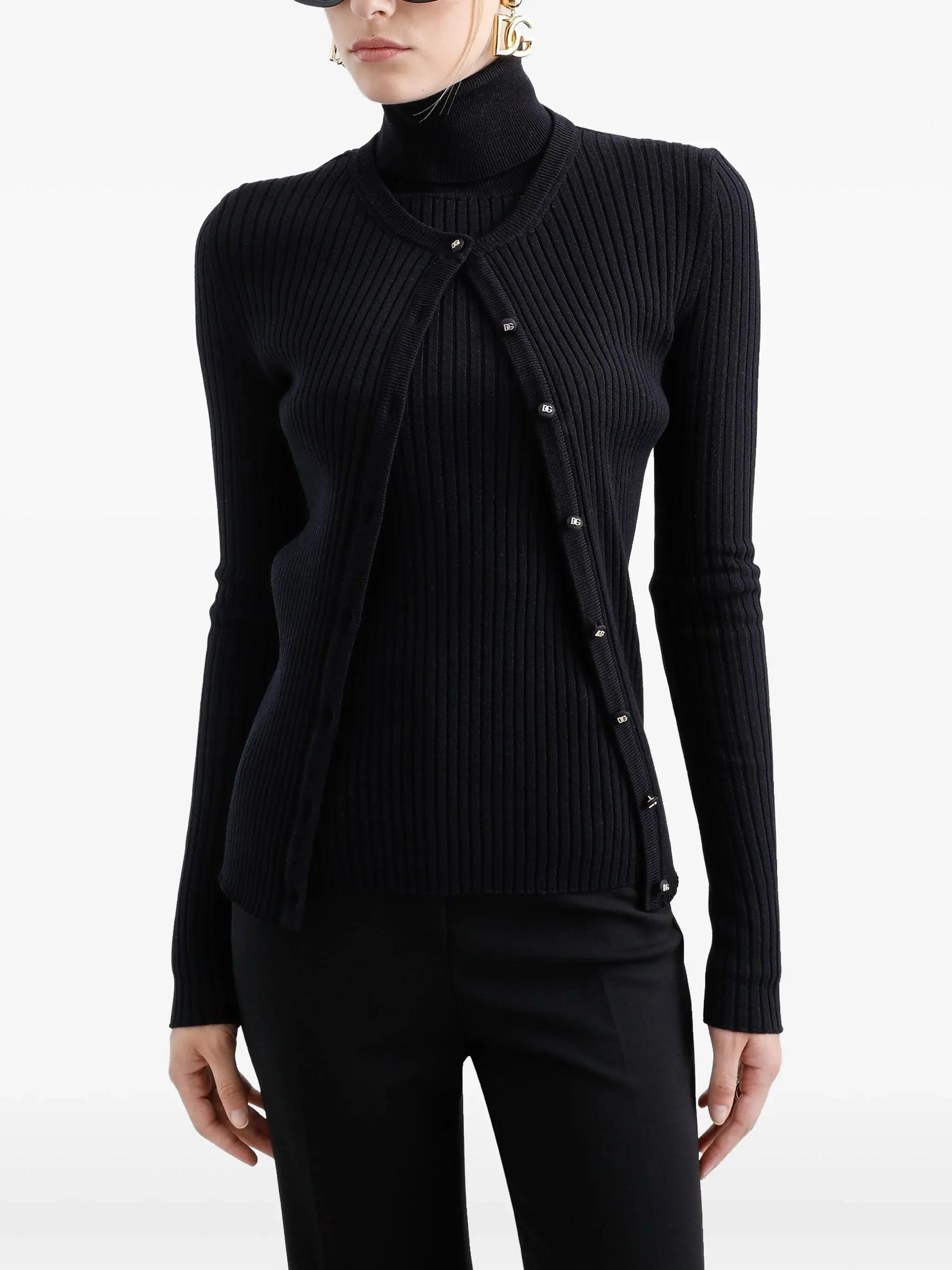Black Finely Ribbed Wool Button Cardigan - Image 4