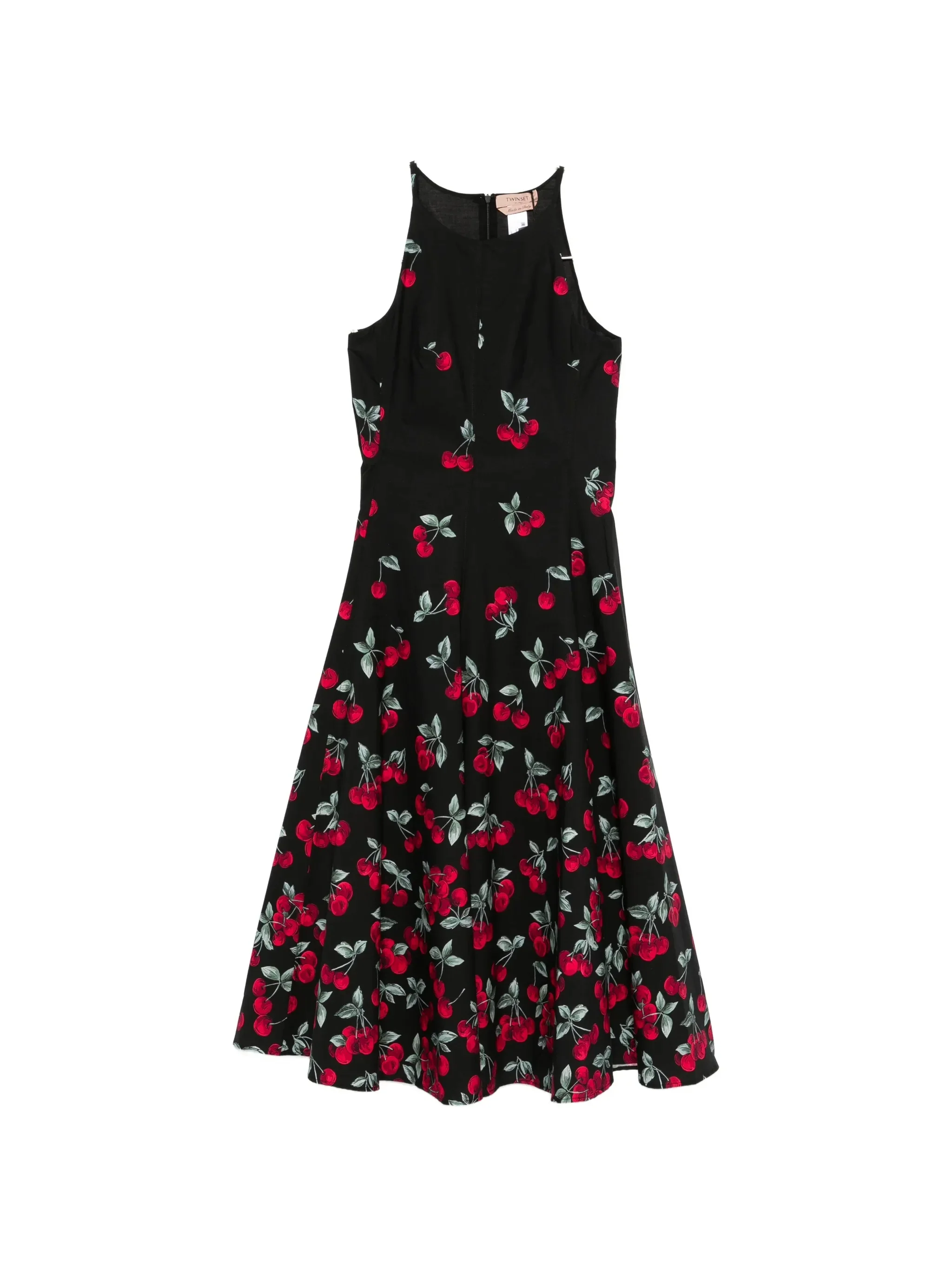 Black Fitted Midi Cherry Print Dress