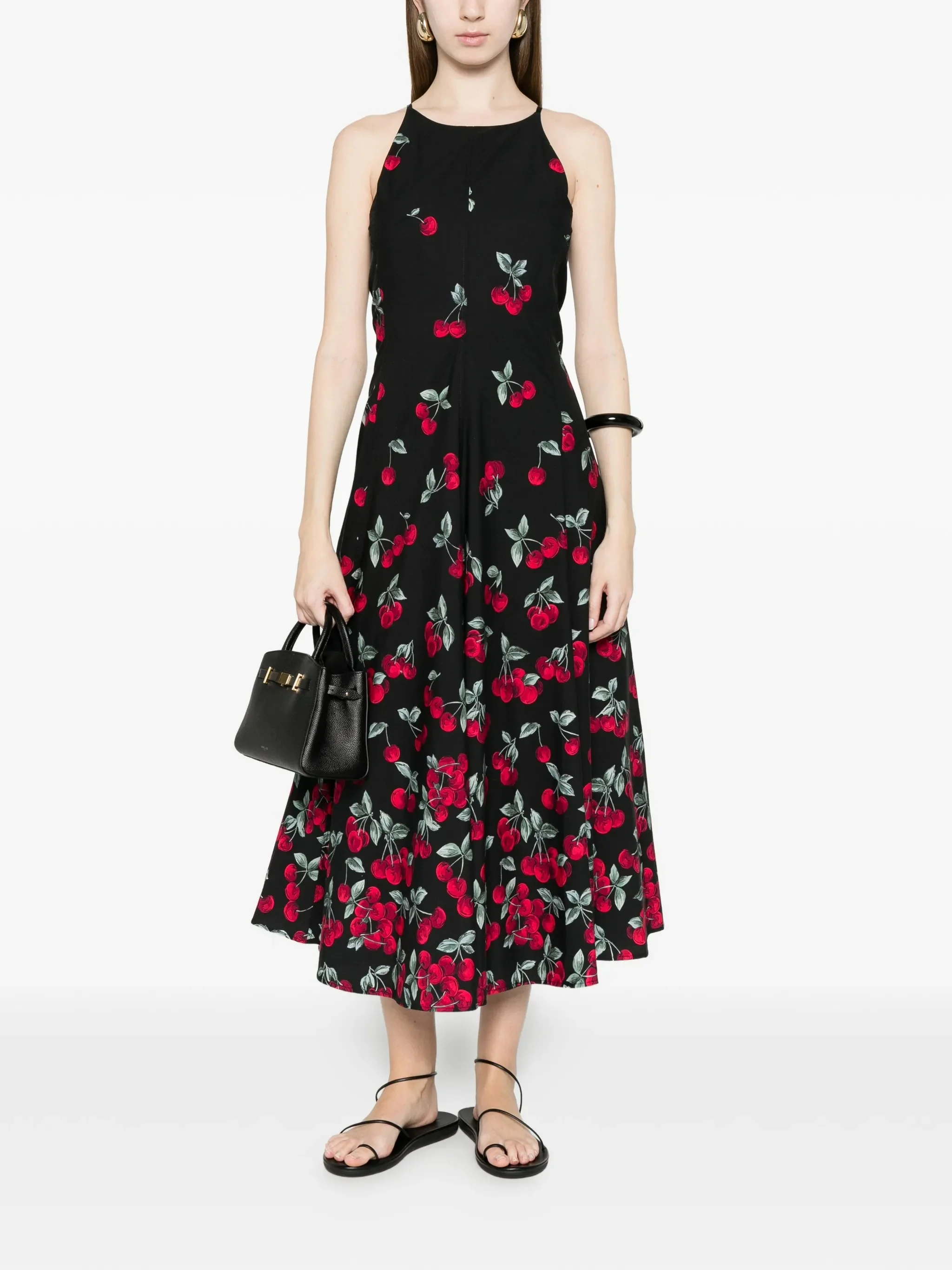 Black Fitted Midi Cherry Print Dress - Image 2