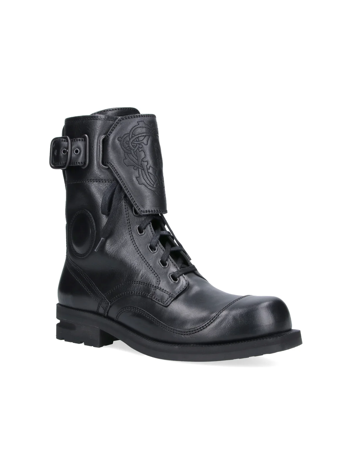 Black Lace-Up Buckle Leather Boots - Image 2