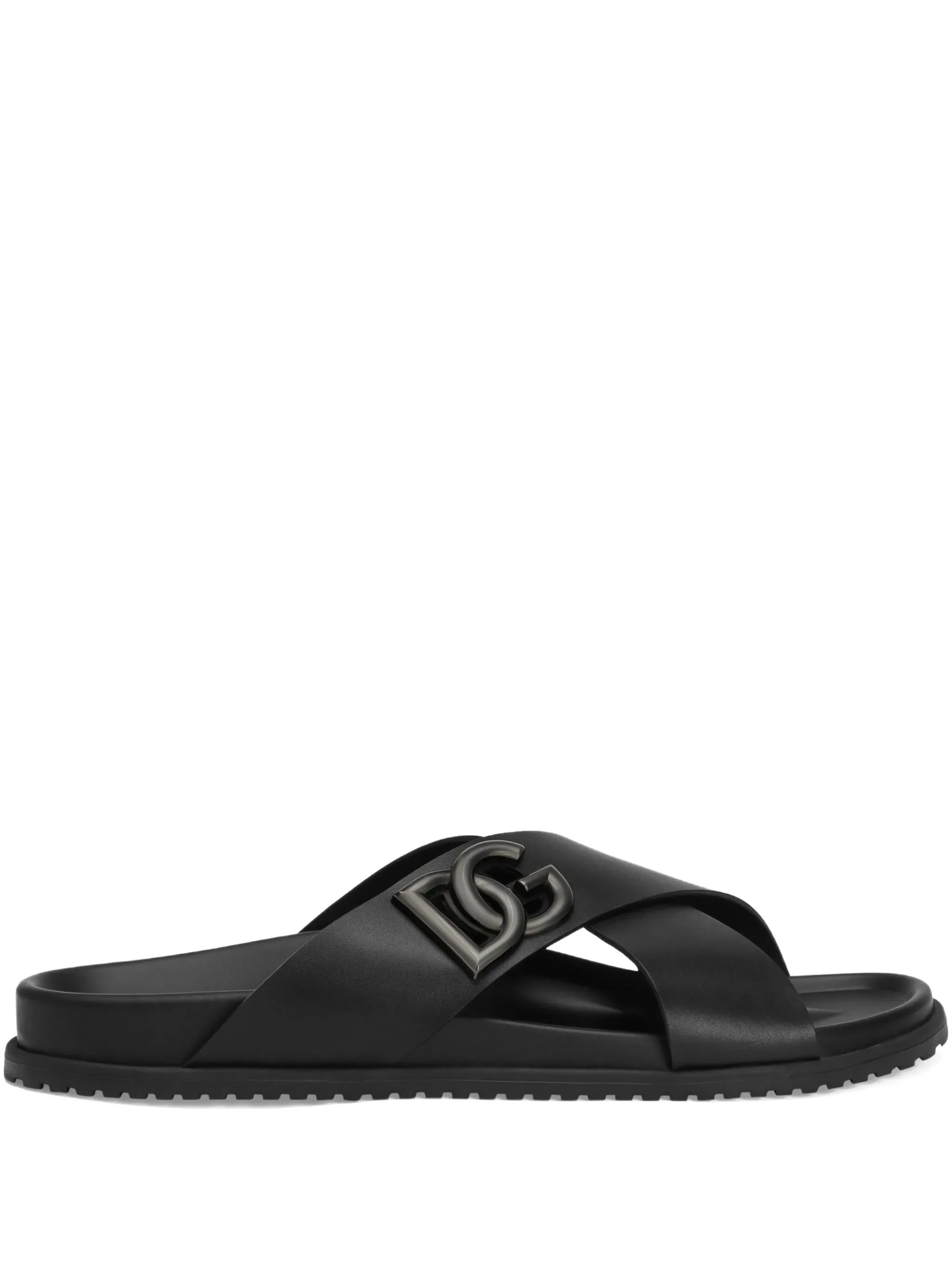 Black Leather Crisscross Strap Logo Sandals