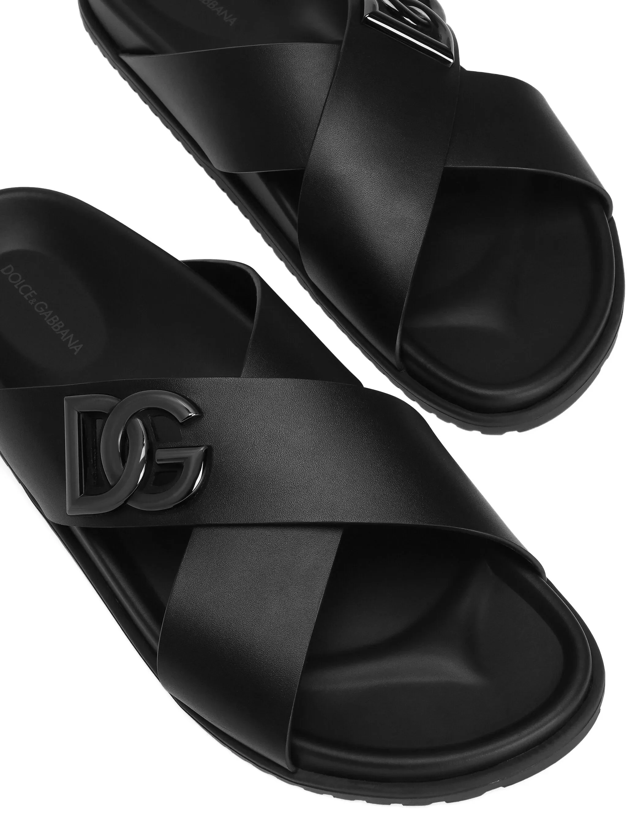 Black Leather Crisscross Strap Logo Sandals - Image 4