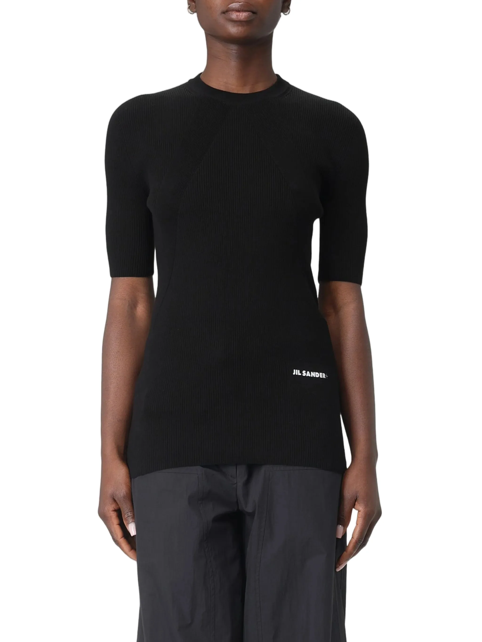 Black Ribbed Cotton Fitted Sweater