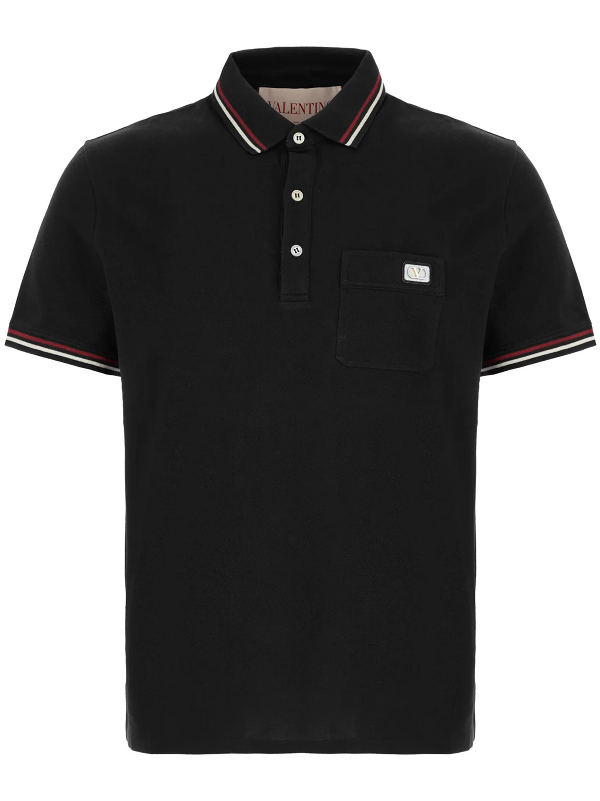 Black Short-Sleeve Striped Accent Cotton Polo