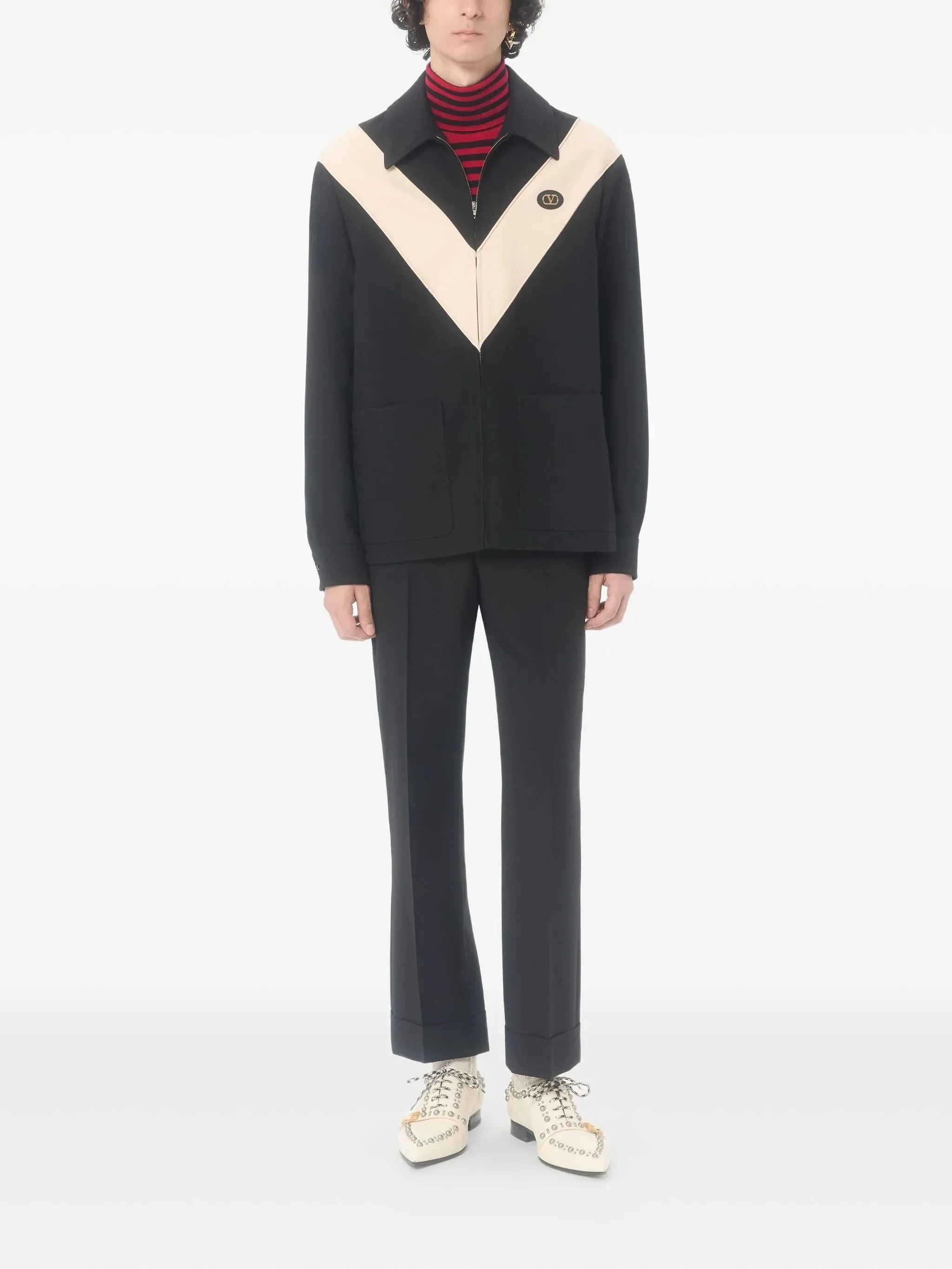 Black V-Shaped Contrast Panel Zip Jacket - Image 2
