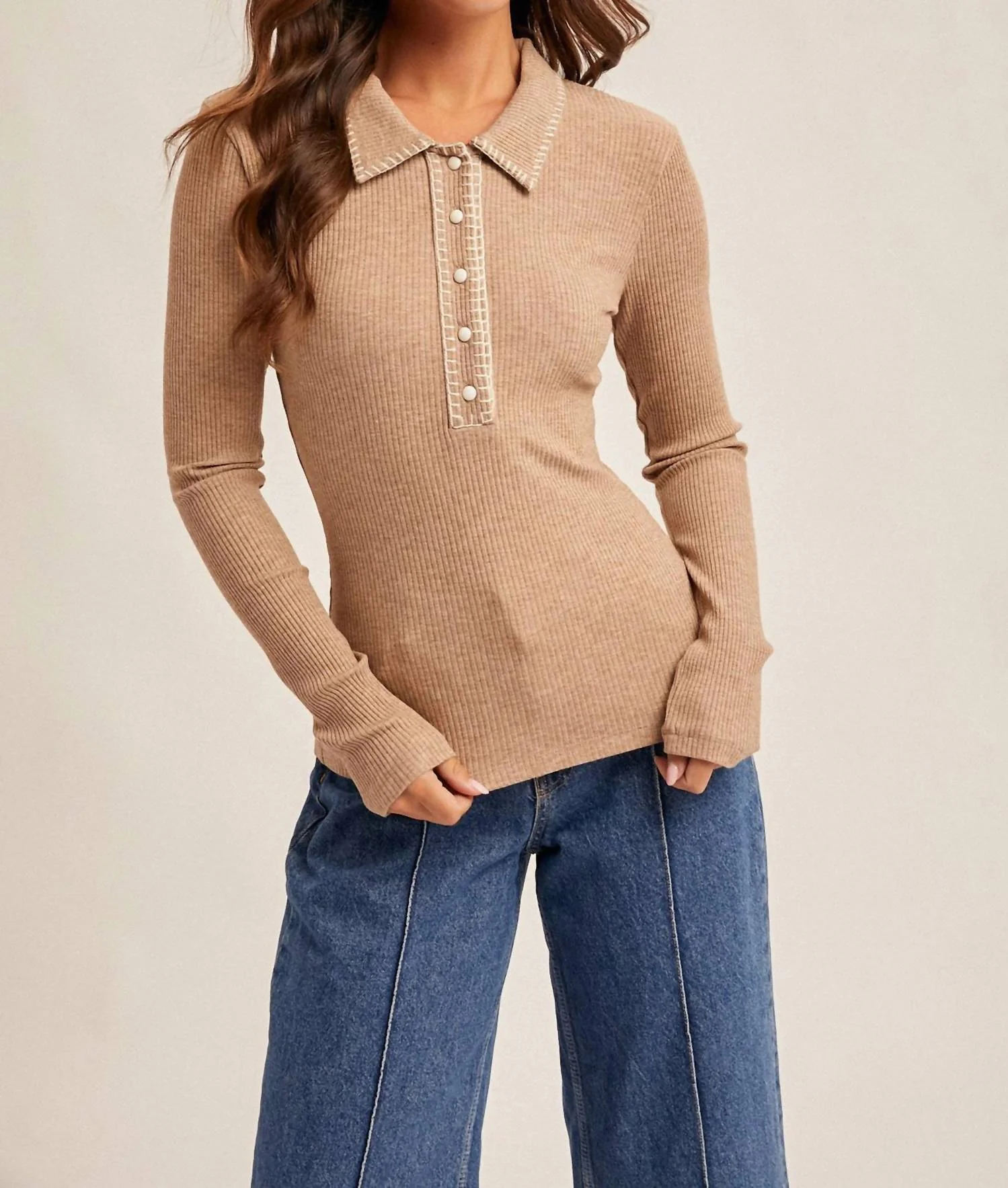 Blanket Stitch Collar Button Down Top In Brown