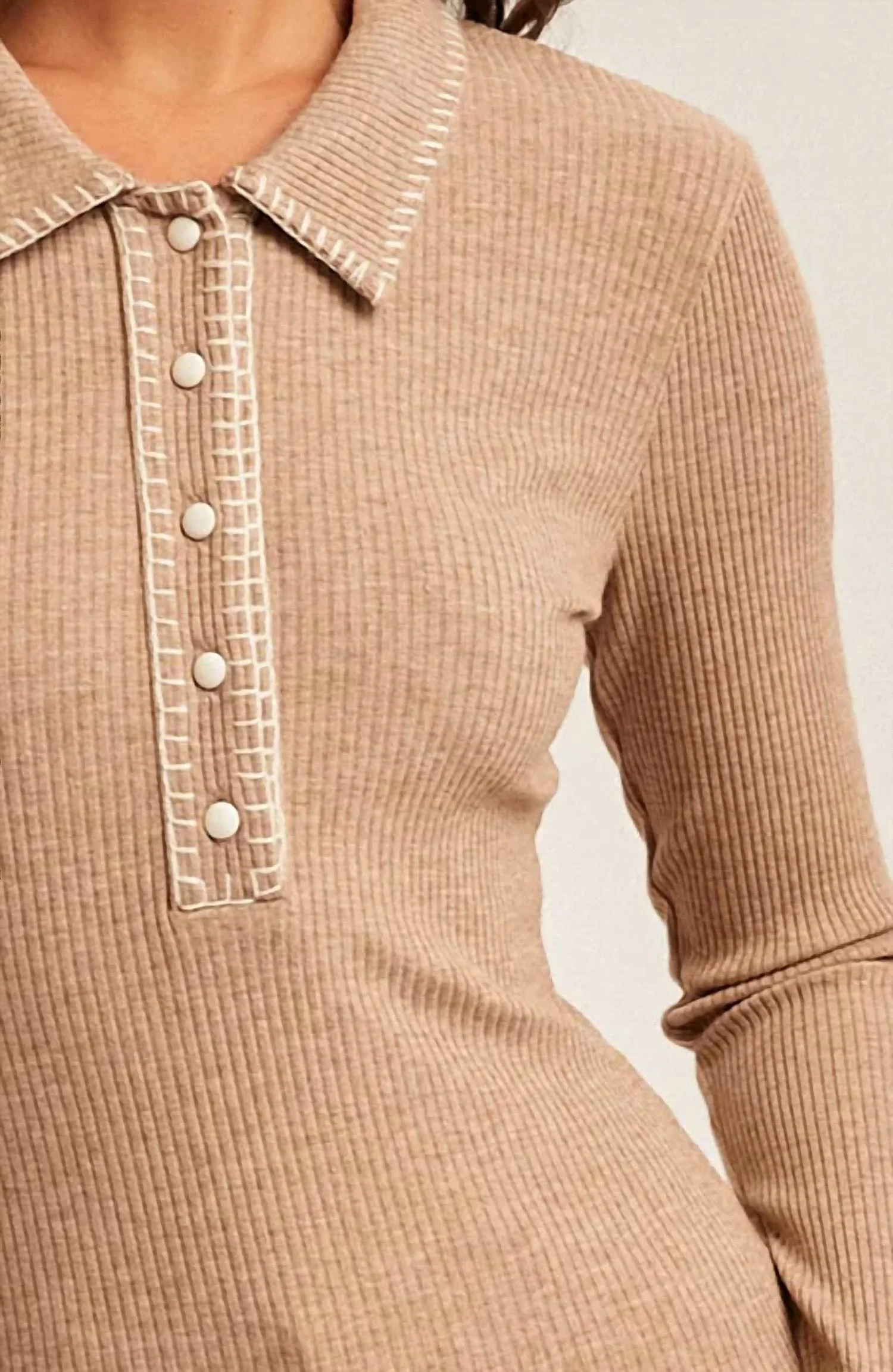 Blanket Stitch Collar Button Down Top In Brown - Image 2