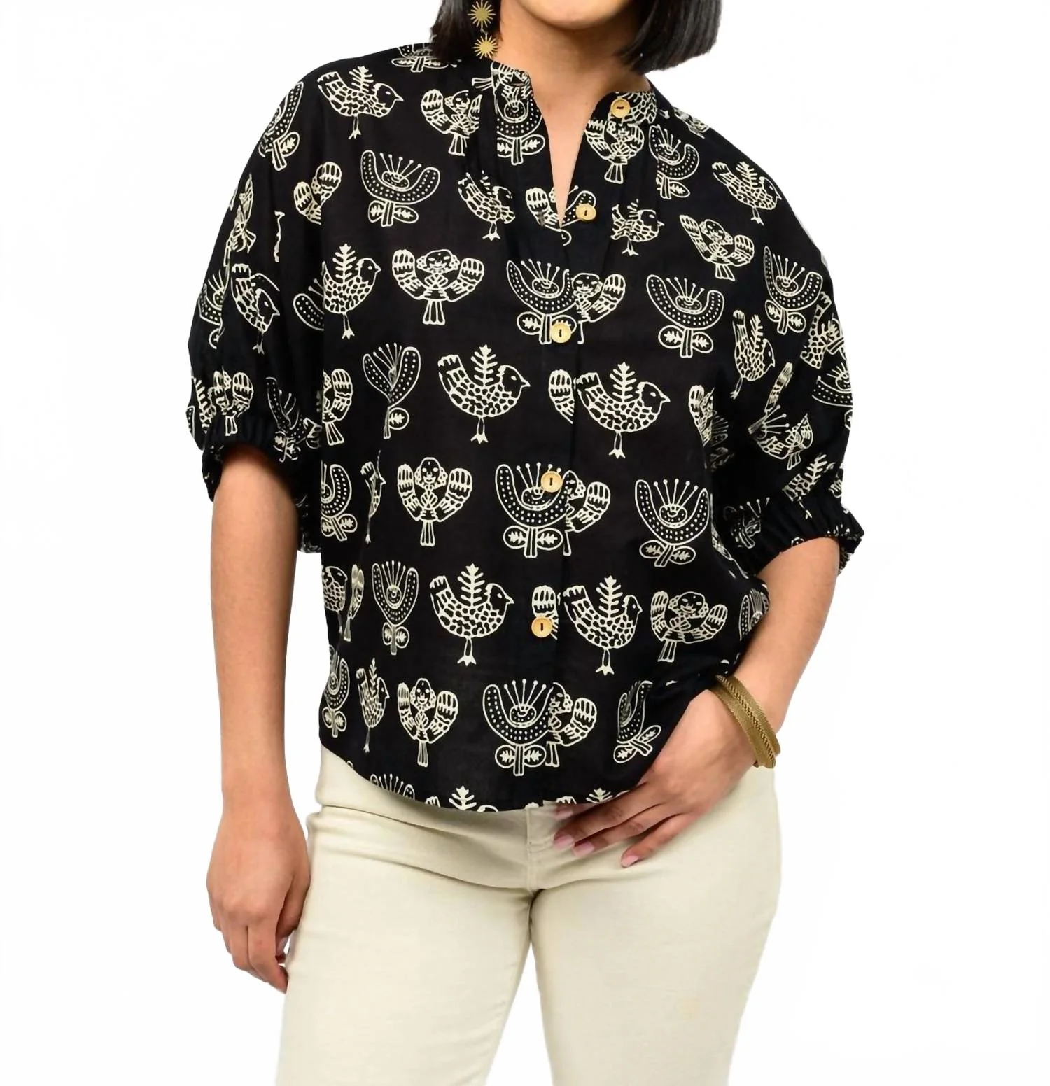 Block Print Poncho Top In Black