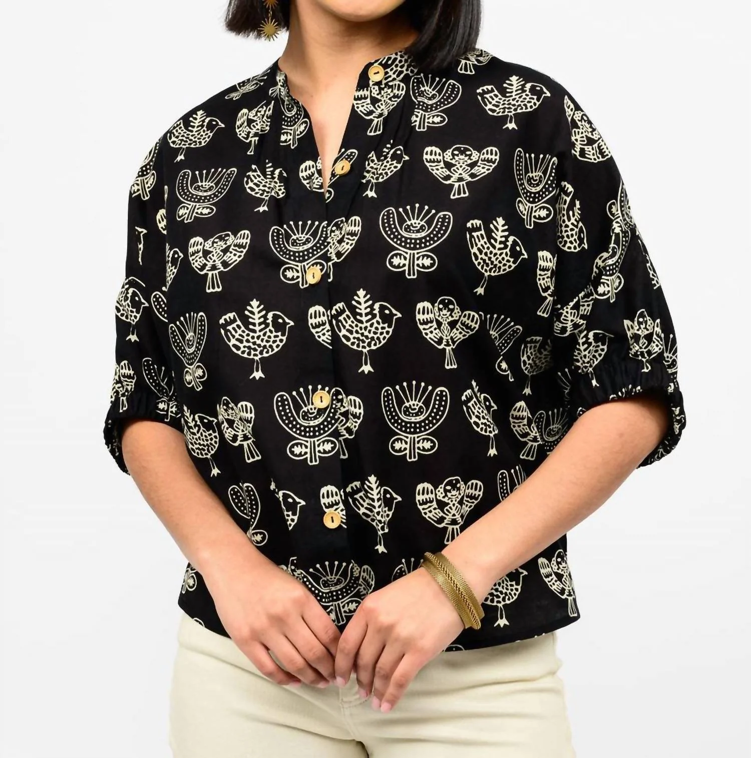 Block Print Poncho Top In Black - Image 3