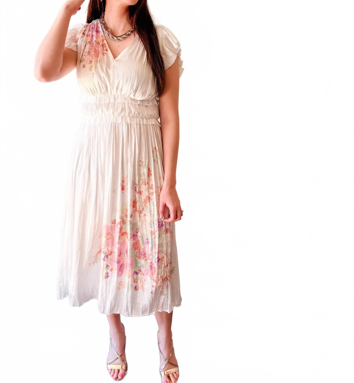 Blossom Breeze Pleated Midi Dress In Multi