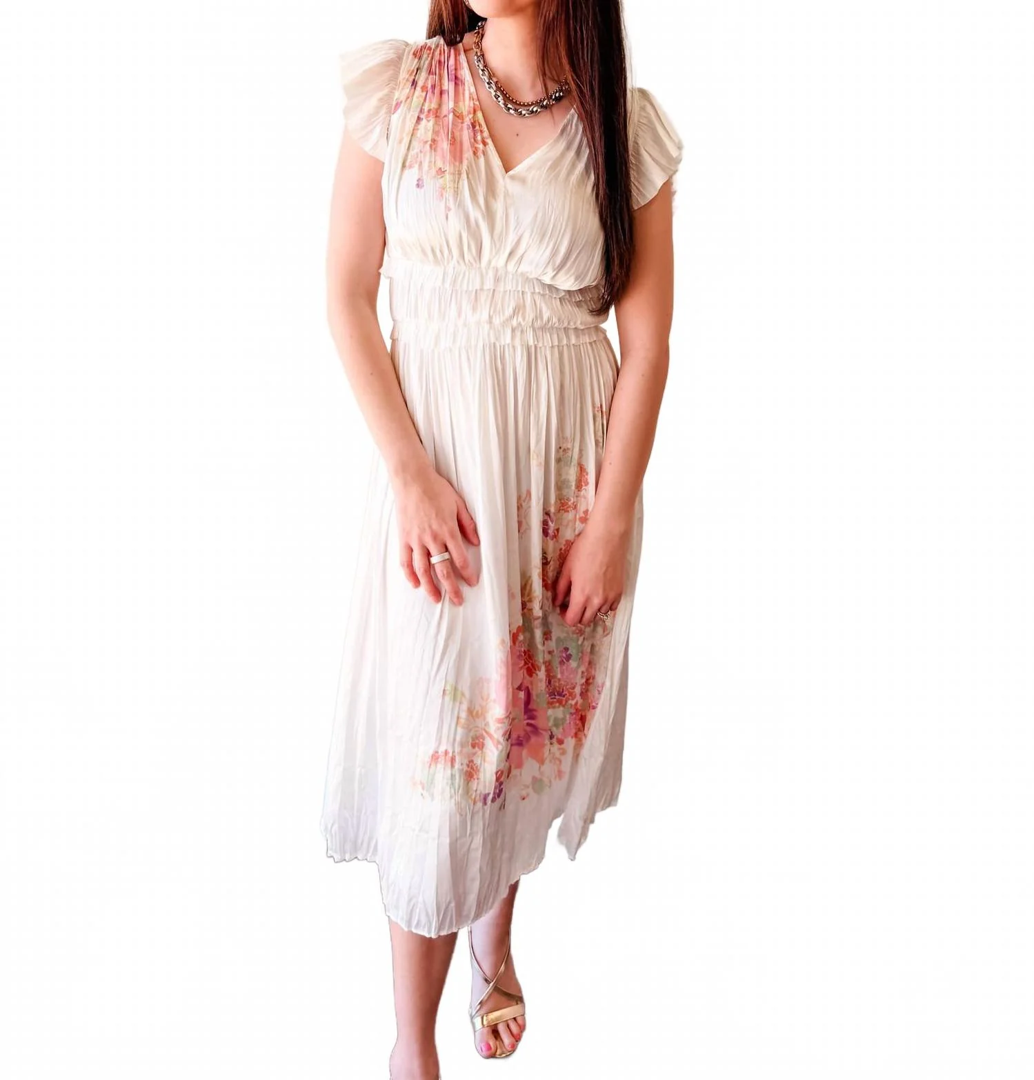 Blossom Breeze Pleated Midi Dress In Multi - Image 3
