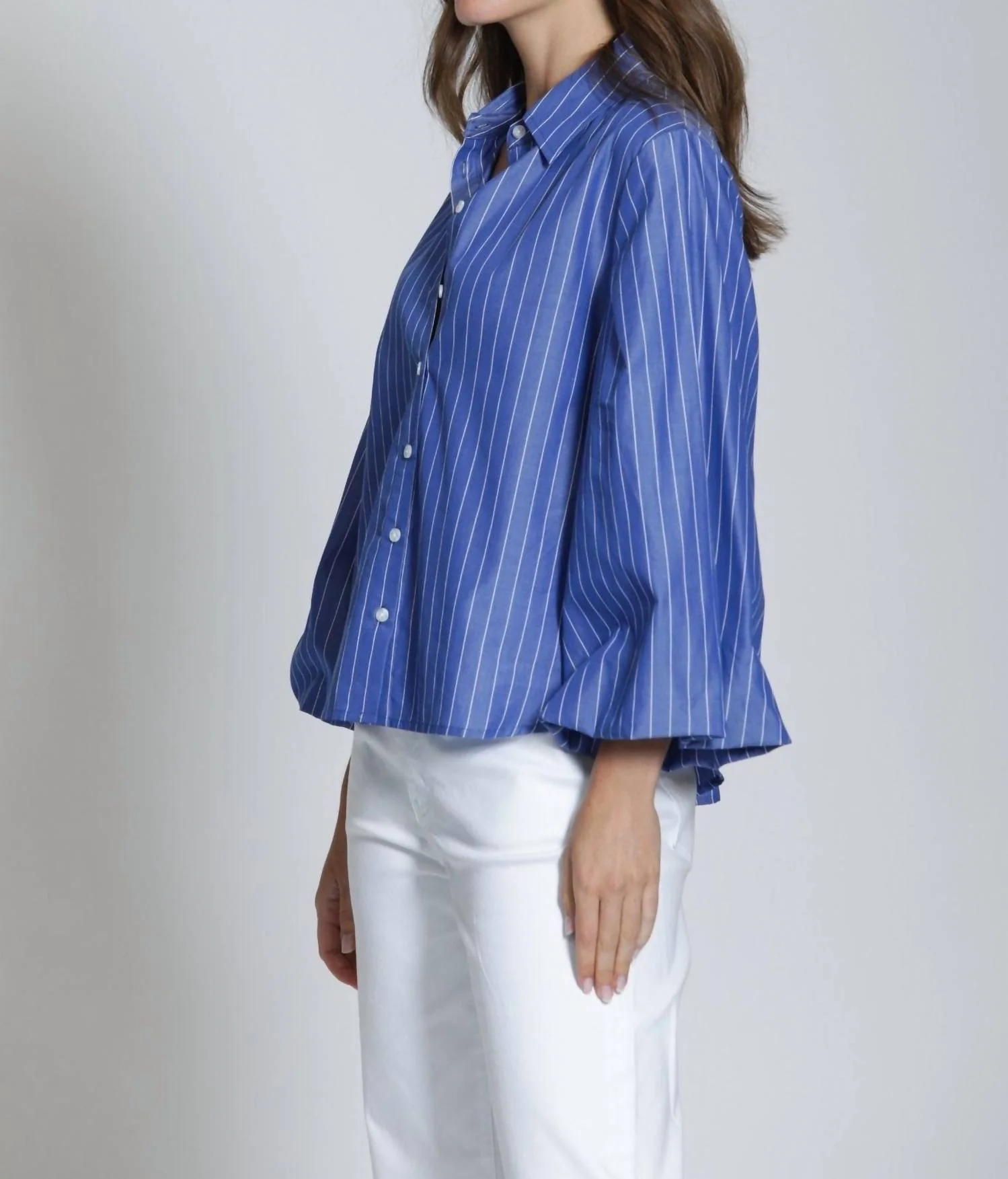 Blouson Front Button Shirt In Blue - Image 2