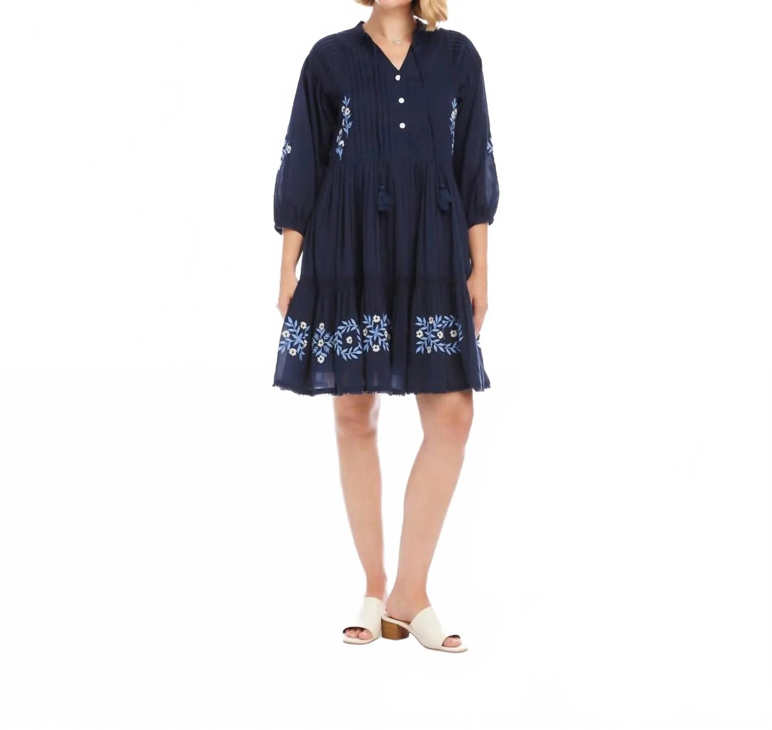 Blouson Sleeve Embroidered Lace Trim Tiered Dress In Navy