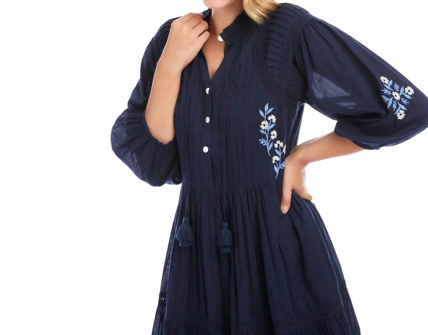 Blouson Sleeve Embroidered Lace Trim Tiered Dress In Navy - Image 3