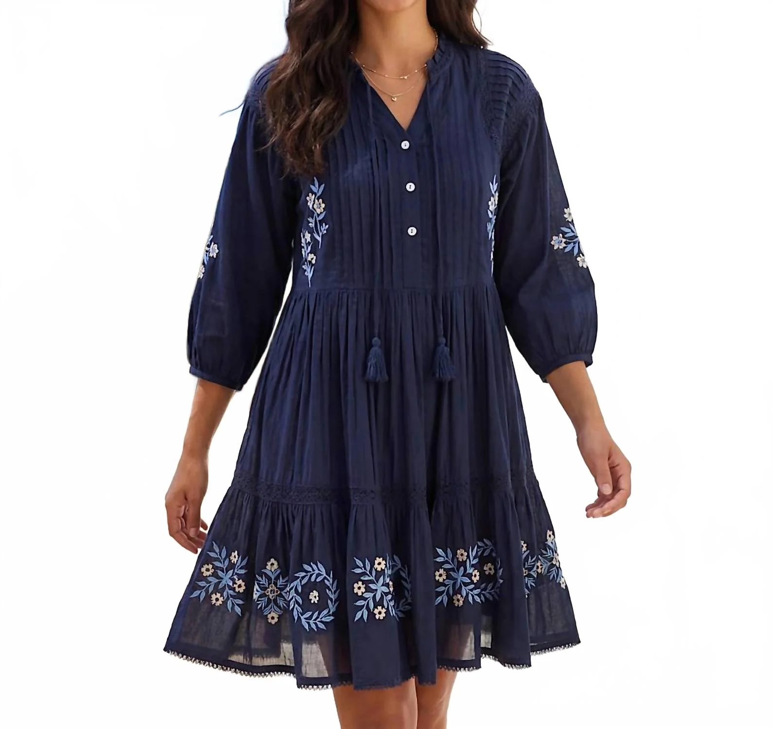 Blouson Sleeve Embroidered Lace Trim Tiered Dress In Navy - Image 5
