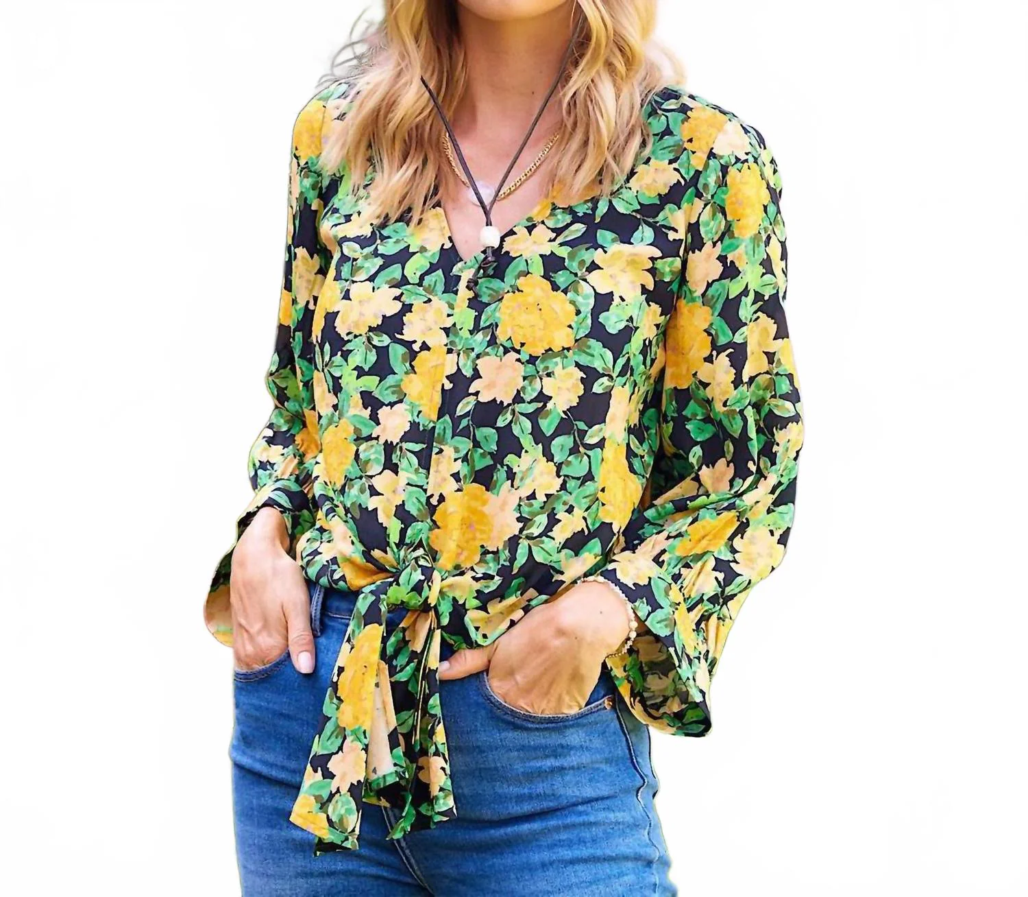 Blouson Sleeve Tie-Front Top In Floral Print - Image 5