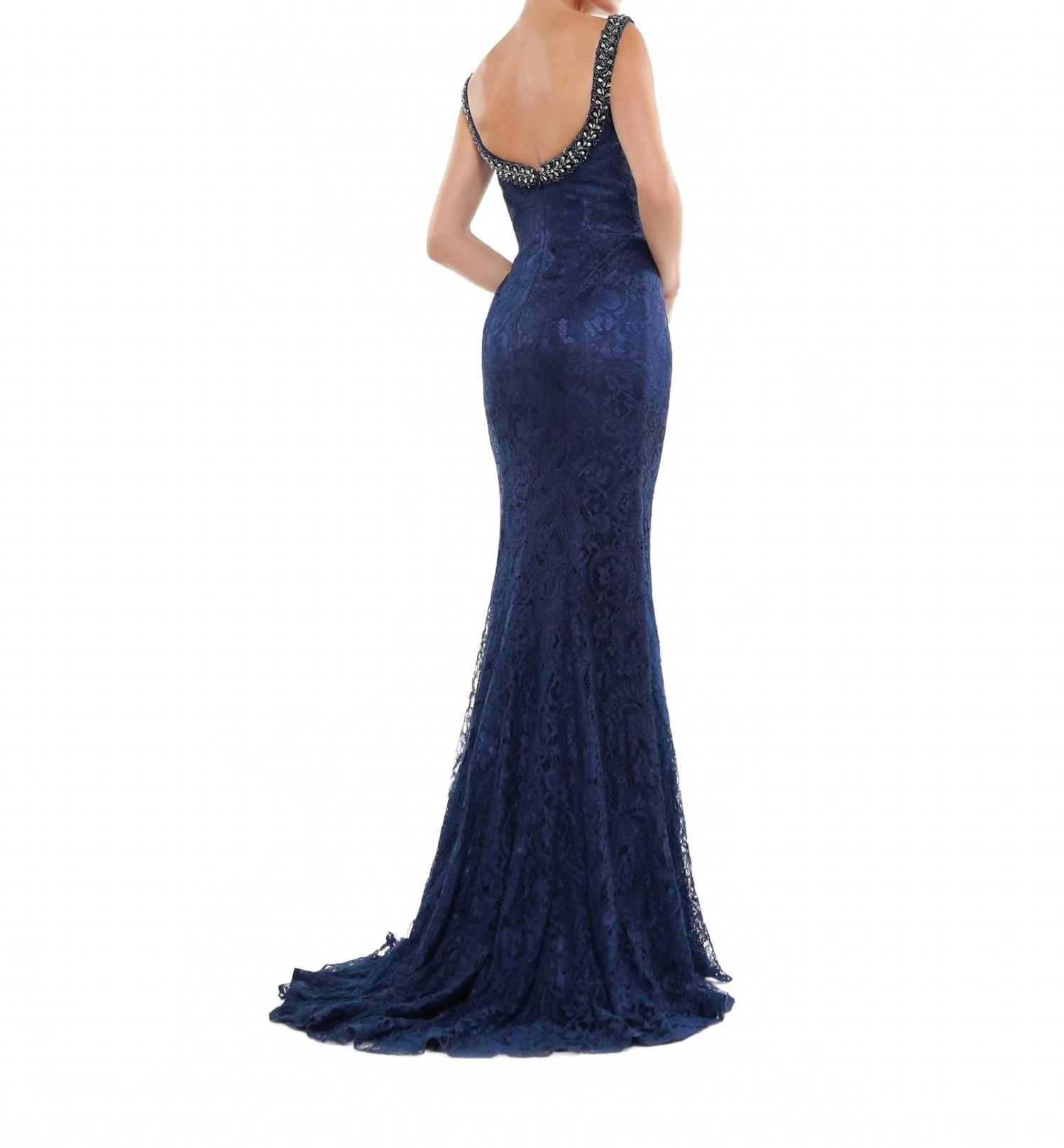 Boat Neck Lace Dress In Navy - Image 2