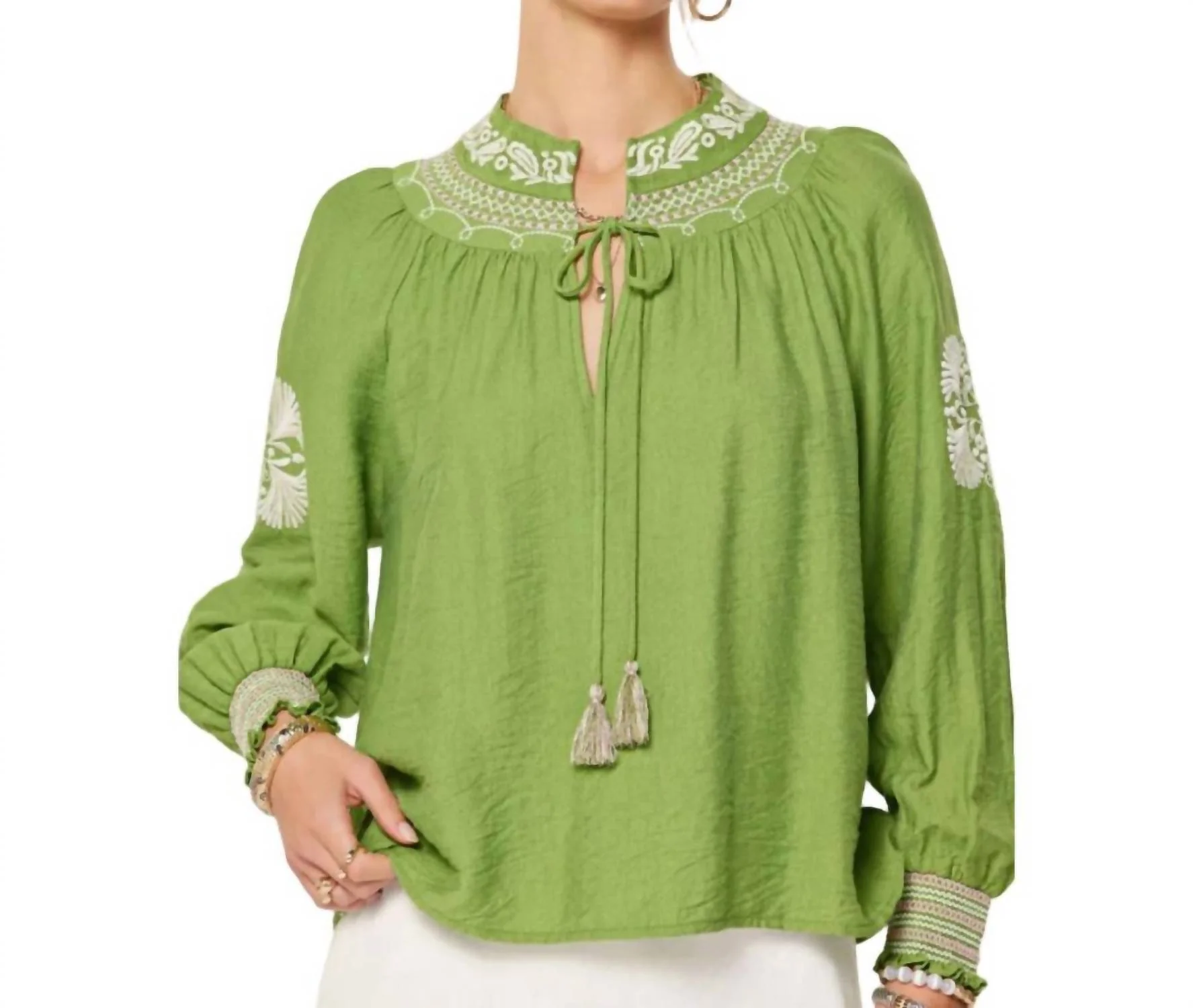 Bohemien V-Neck Top With Tassel In Olive - Image 3