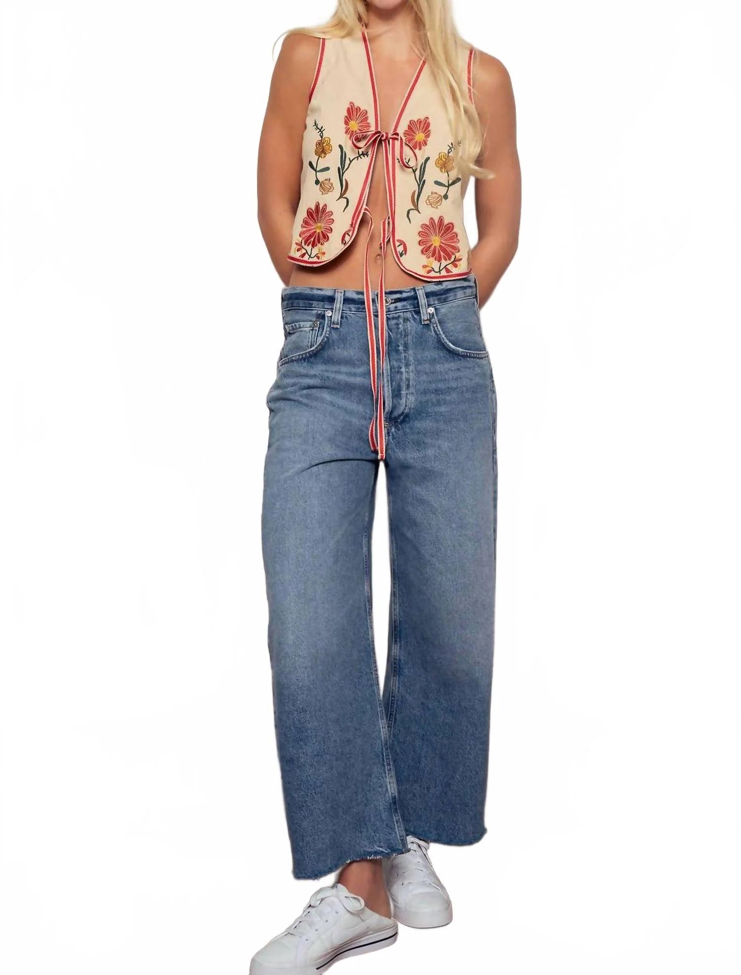 Boho Embroidered Tie Front Western Vest In Khaki - Image 4