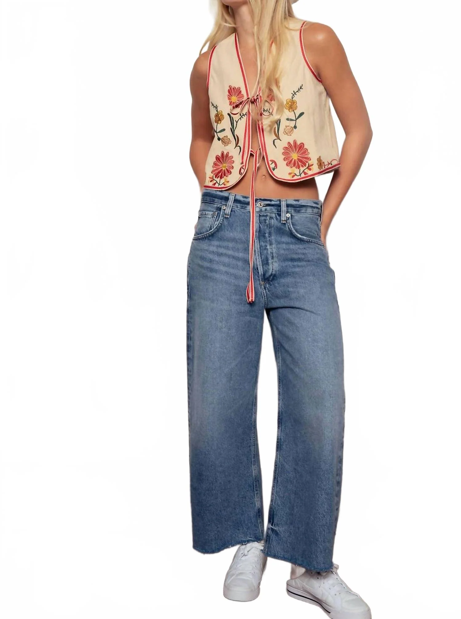 Boho Embroidered Tie Front Western Vest In Khaki - Image 5