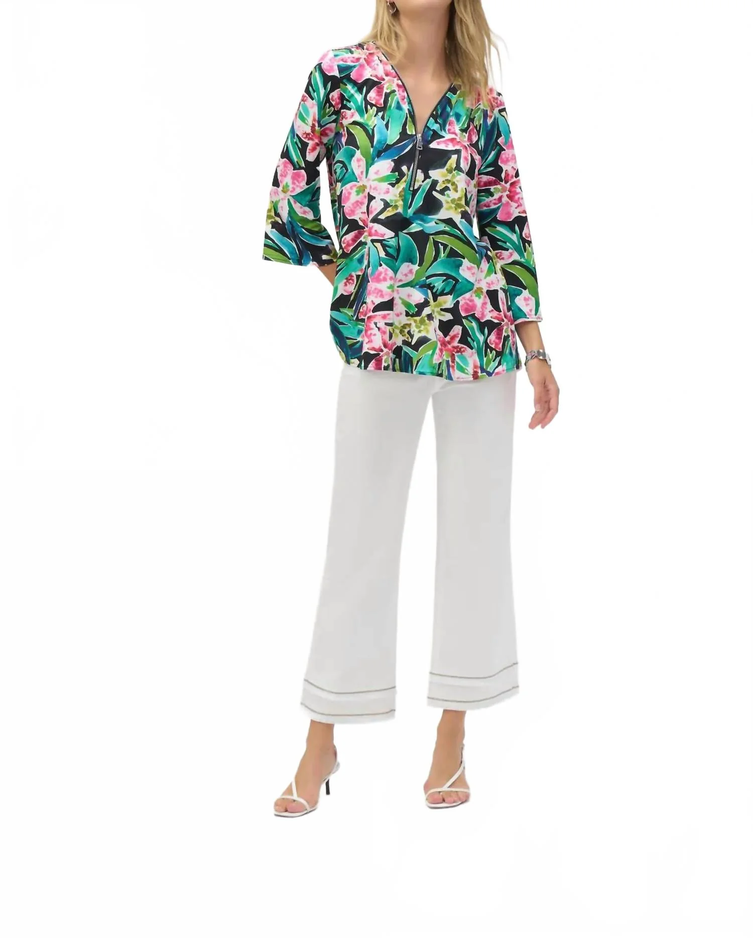 Bold Print Silky Knit 3/4 Flared Sleeve Tunic Top In Black/multi