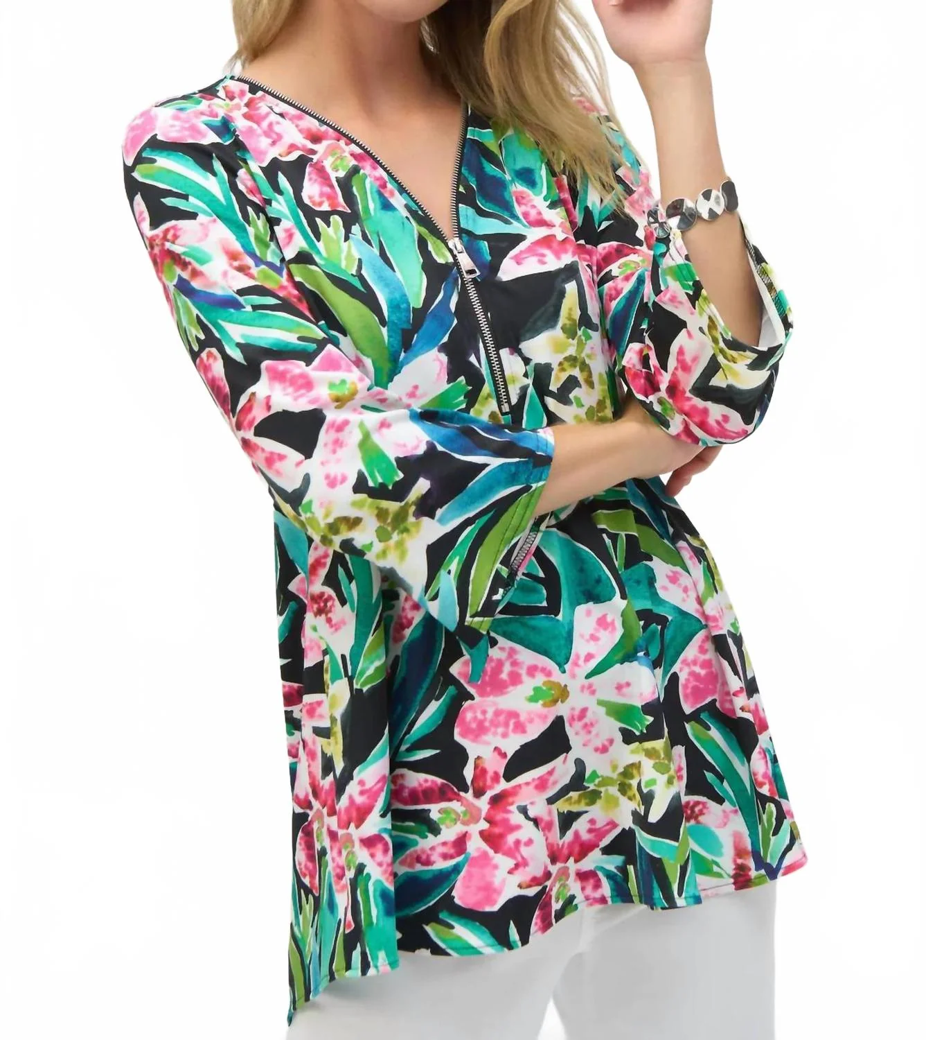 Bold Print Silky Knit 3/4 Flared Sleeve Tunic Top In Black/multi - Image 3