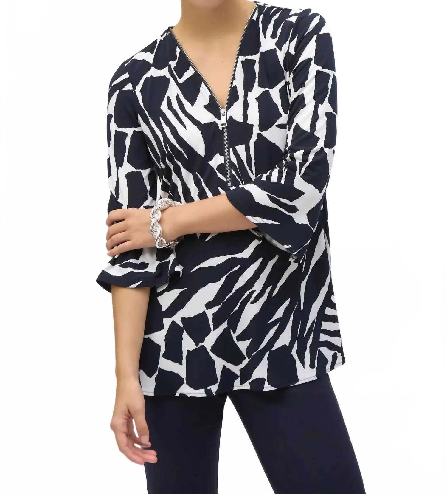 Bold Print Silky Knit 3/4 Flared Sleeve Tunic Top In Vanilla/midnight Blue