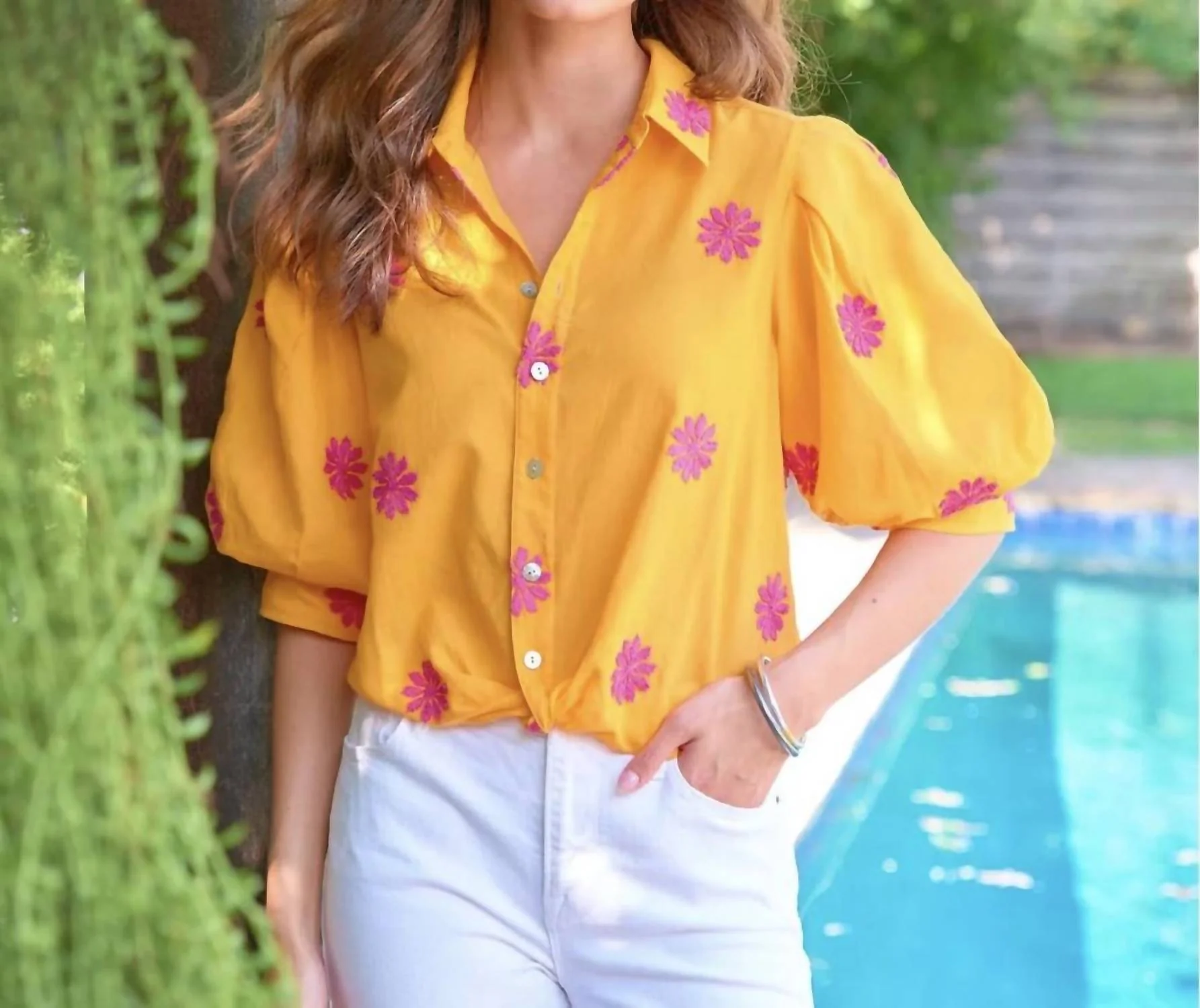 Bomba Flower Embroidery Shirt In Tangerine