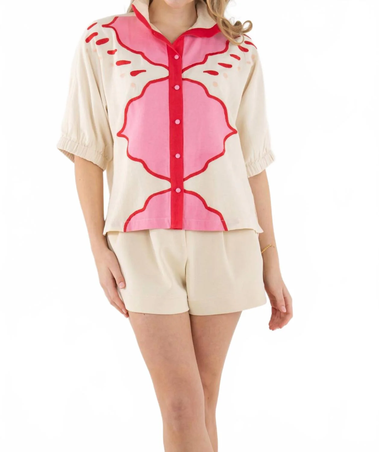 Bonny Button Front Top In Pink Palace