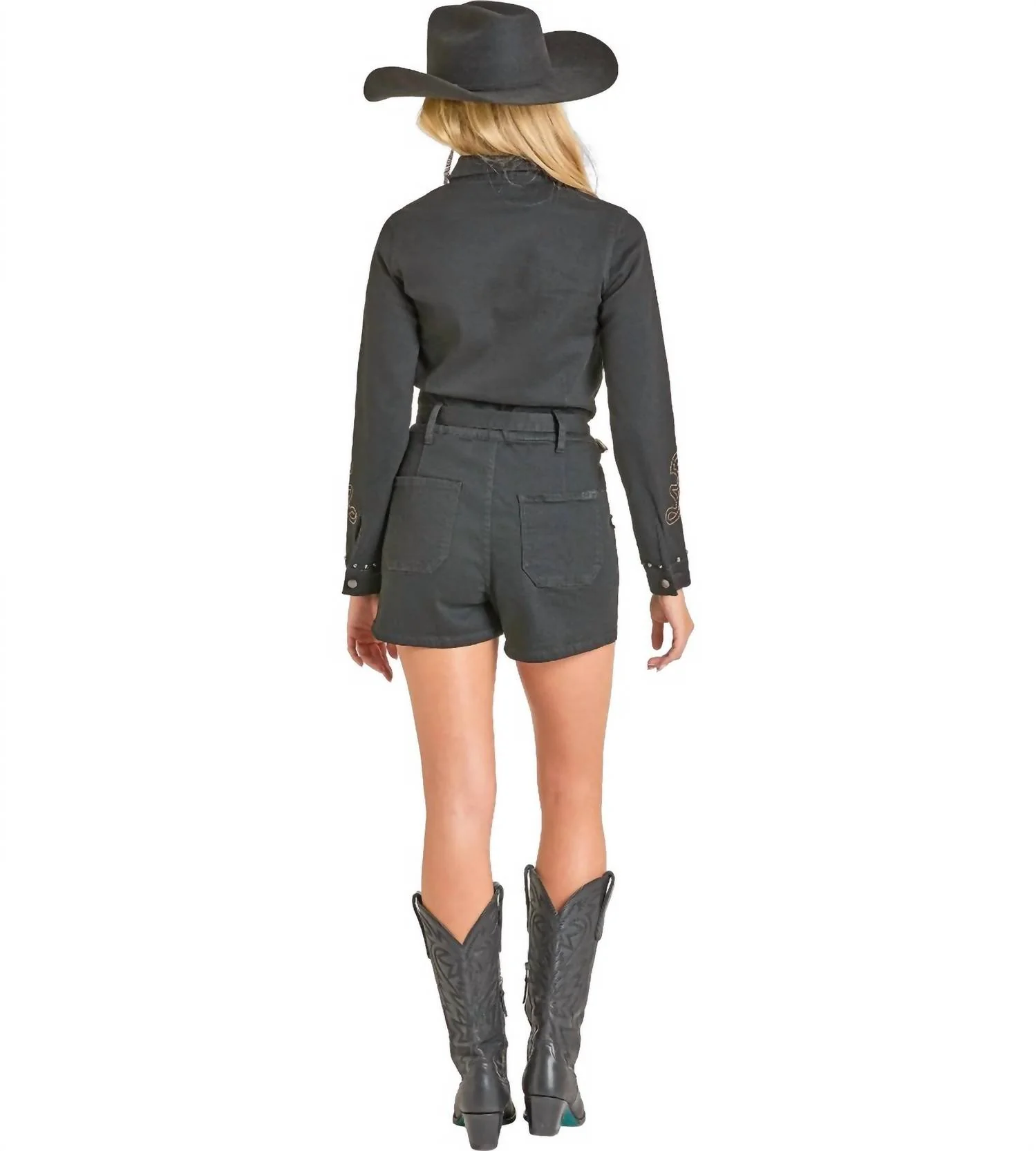 Boot Stitch Embroidery Long Sleeve Romper In Black - Image 2